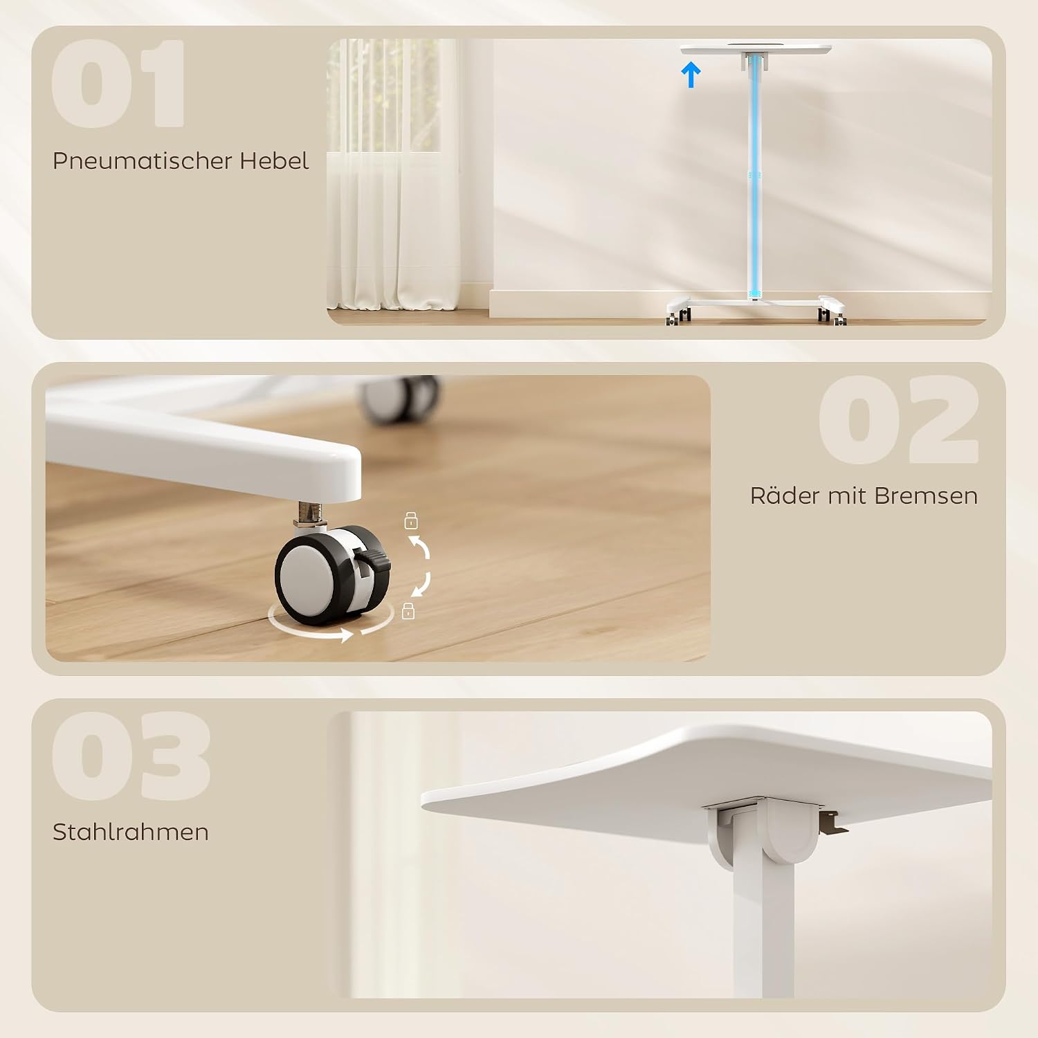 HOMCOM Laptoptisch Höhenverstellbar Bestelltisch Schreibtisch mit Rollen, Neigbarer 60x52cm Tischplatte, Computertisch mit Sicherheitsstopper, Mobiler Stehpult Pneumatisch für Büro, Sofa, Bett, Weiß — Ansicht 6