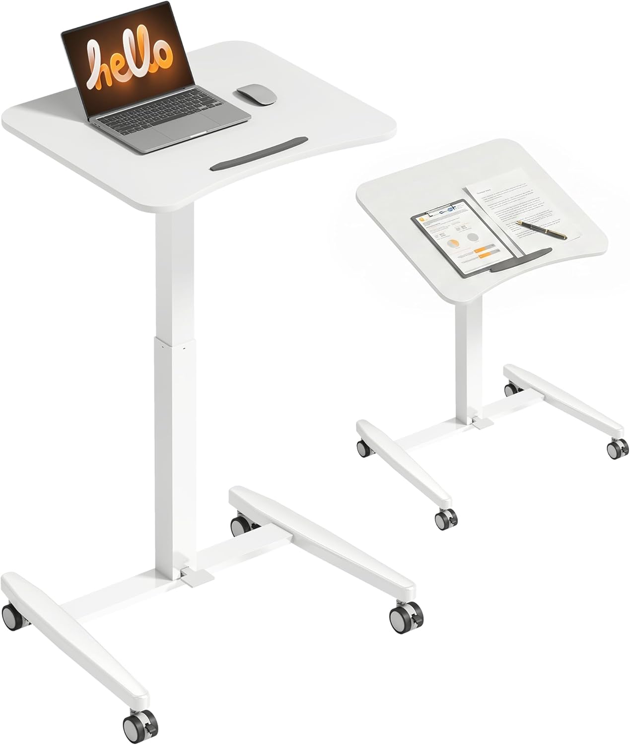 HOMCOM Laptoptisch Höhenverstellbar Bestelltisch Schreibtisch mit Rollen, Neigbarer 60x52cm Tischplatte, Computertisch mit Sicherheitsstopper, Mobiler Stehpult Pneumatisch für Büro, Sofa, Bett, Weiß