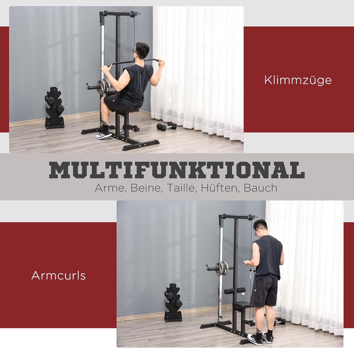 HOMCOM Latzugstation, Verstellbar Latzugturm mit Trizepsstange Latzugstange, Kabelzugstation bis 280kg Belastbar, Fitnessstation, Latzugmaschine, Latzug-Station für Zuhause Stahl Schwarz — Ansicht 3