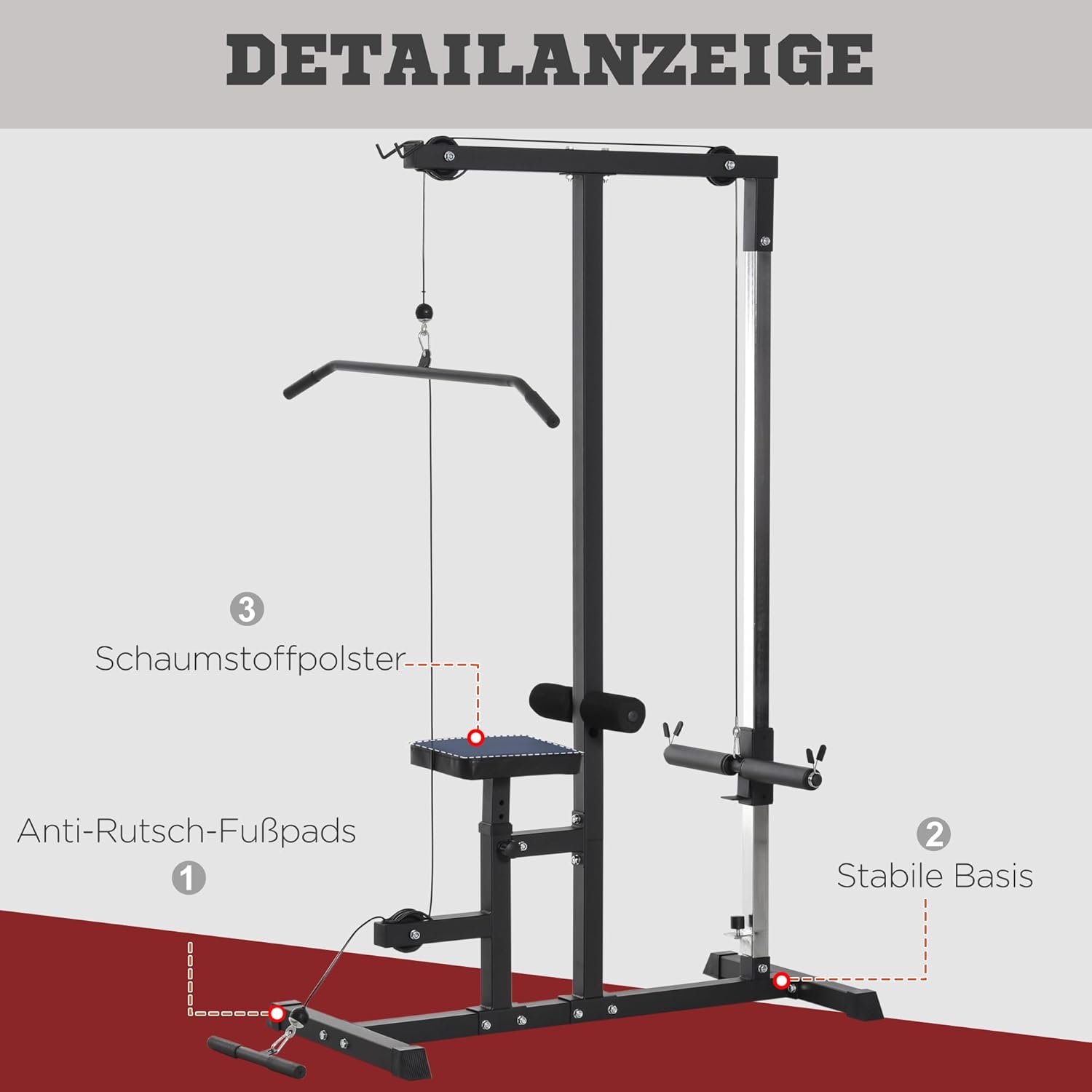 HOMCOM Latzugstation, Verstellbar Latzugturm mit Trizepsstange Latzugstange, Kabelzugstation bis 280kg Belastbar, Fitnessstation, Latzugmaschine, Latzug-Station für Zuhause Stahl Schwarz — Ansicht 6