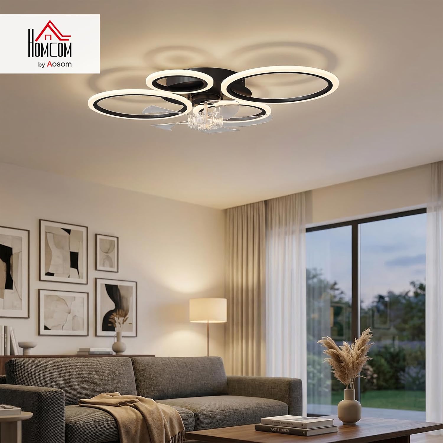 HOMCOM LED Deckenleuchte mit Ventilator, Leise Deckenventilator mit Beleuchtung, 77 cm mit Fernbedienung, 6 Geschwindigkeiten, 3 Farbtemperaturen, DC Motor, Timer für Wohnzimmer, Schwarz — Ansicht 2