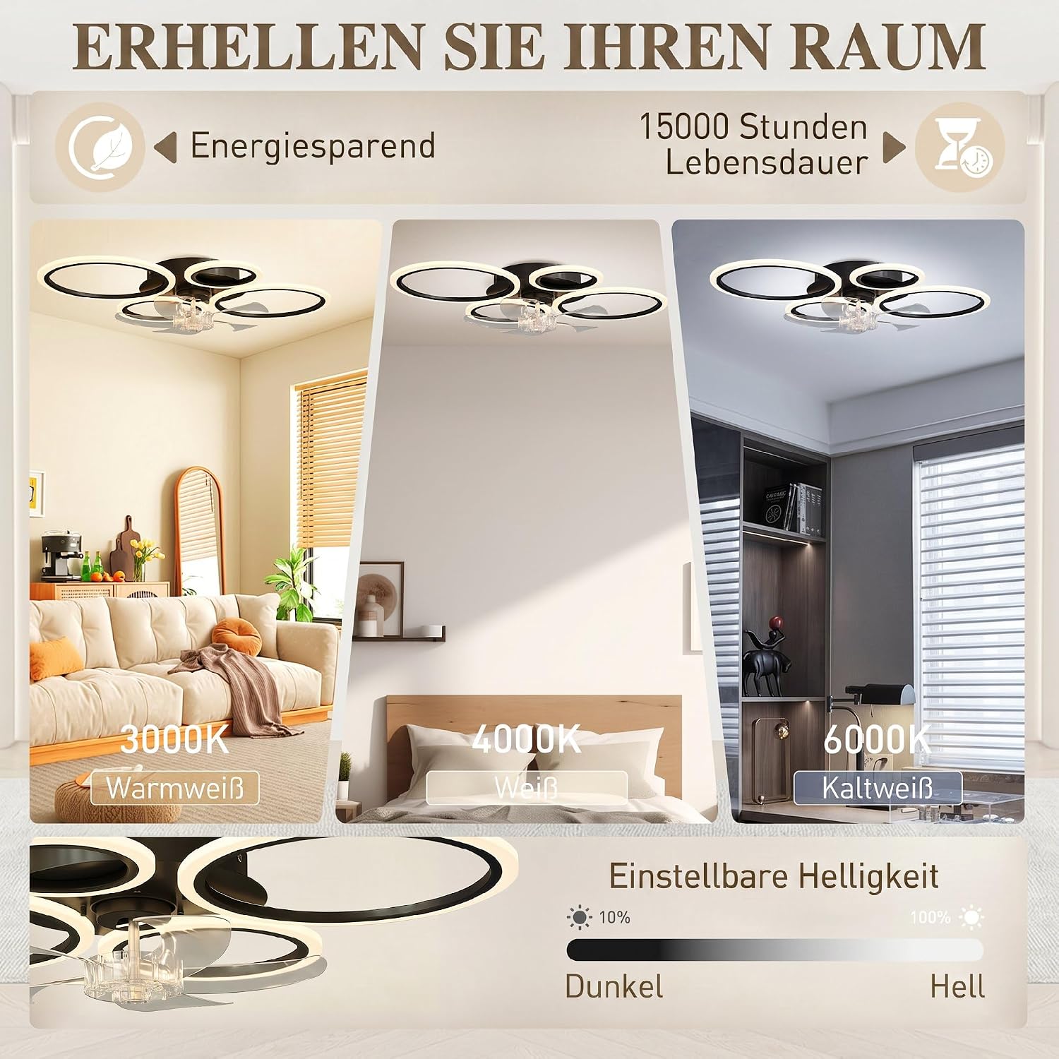 HOMCOM LED Deckenleuchte mit Ventilator, Leise Deckenventilator mit Beleuchtung, 77 cm mit Fernbedienung, 6 Geschwindigkeiten, 3 Farbtemperaturen, DC Motor, Timer für Wohnzimmer, Schwarz — Ansicht 3