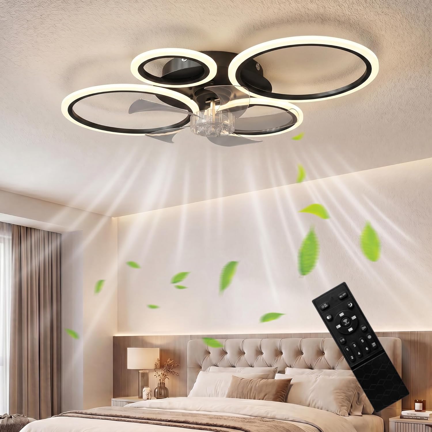 HOMCOM LED Deckenleuchte mit Ventilator, Leise Deckenventilator mit Beleuchtung, 77 cm mit Fernbedienung, 6 Geschwindigkeiten, 3 Farbtemperaturen, DC Motor, Timer für Wohnzimmer, Schwarz
