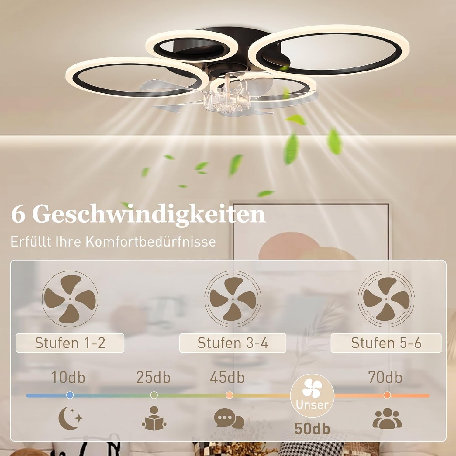 HOMCOM LED Deckenleuchte mit Ventilator, Leise Deckenventilator mit Beleuchtung, 77 cm mit Fernbedienung, 6 Geschwindigkeiten, 3 Farbtemperaturen, DC Motor, Timer für Wohnzimmer, Schwarz — Ansicht 4
