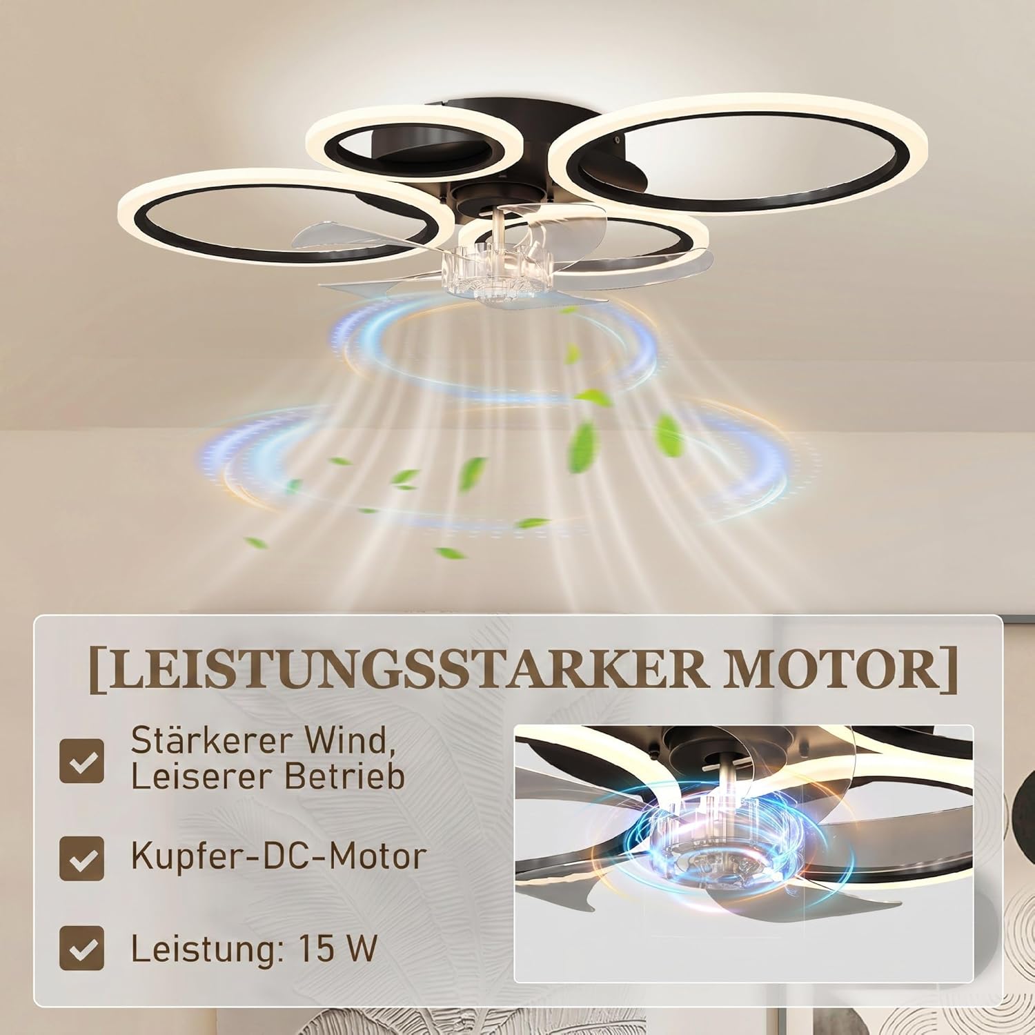 HOMCOM LED Deckenleuchte mit Ventilator, Leise Deckenventilator mit Beleuchtung, 77 cm mit Fernbedienung, 6 Geschwindigkeiten, 3 Farbtemperaturen, DC Motor, Timer für Wohnzimmer, Schwarz — Ansicht 5