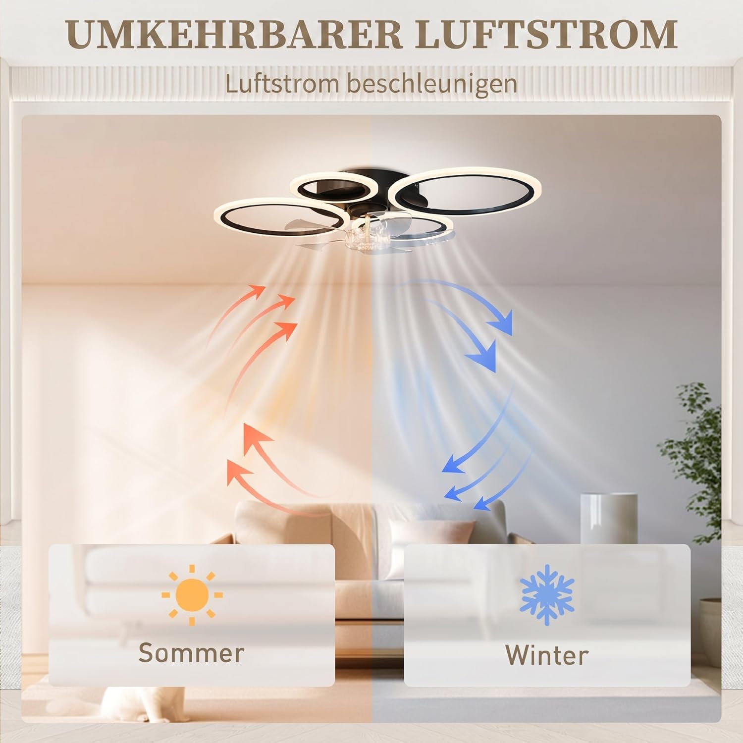 HOMCOM LED Deckenleuchte mit Ventilator, Leise Deckenventilator mit Beleuchtung, 77 cm mit Fernbedienung, 6 Geschwindigkeiten, 3 Farbtemperaturen, DC Motor, Timer für Wohnzimmer, Schwarz — Ansicht 6