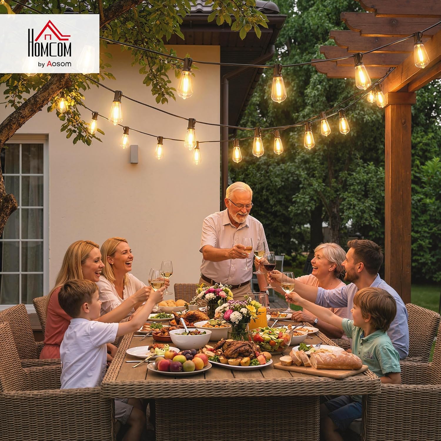 HOMCOM LED Lichterkette Außen 18 m Partylichterkette Warmweiß Lichtvorhang mit 50 Edison-Birnen IP44 für Terrasse Balkon Aussen und Innen Dekoration, Weihnachten, Hochzeit, Party, Garten — Ansicht 2