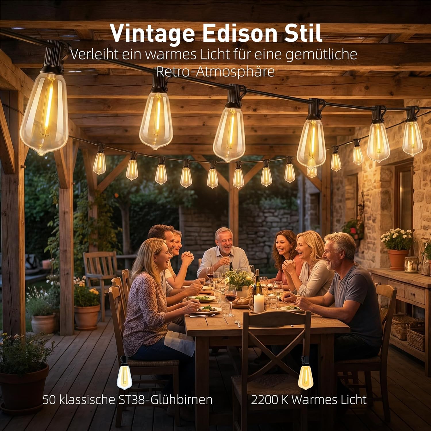 HOMCOM LED Lichterkette Außen 18 m Partylichterkette Warmweiß Lichtvorhang mit 50 Edison-Birnen IP44 für Terrasse Balkon Aussen und Innen Dekoration, Weihnachten, Hochzeit, Party, Garten — Ansicht 3