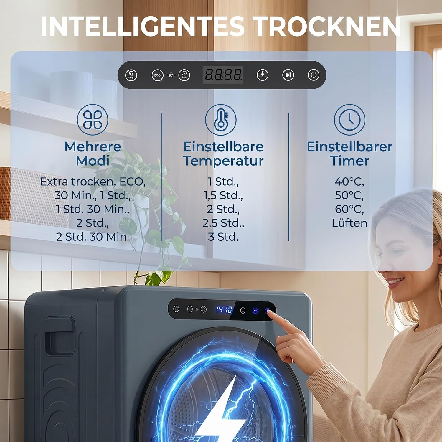 HOMCOM Mini Ablufttrockner 5kg Wäschetrockner mit Sterilisation, 6 Programmen bis zu 60°C, 1000W Trockner mit Touch-Screen, Knitterschutz, Edelstahltrommel, Extra-Trocken-Modus Blau — Ansicht 3