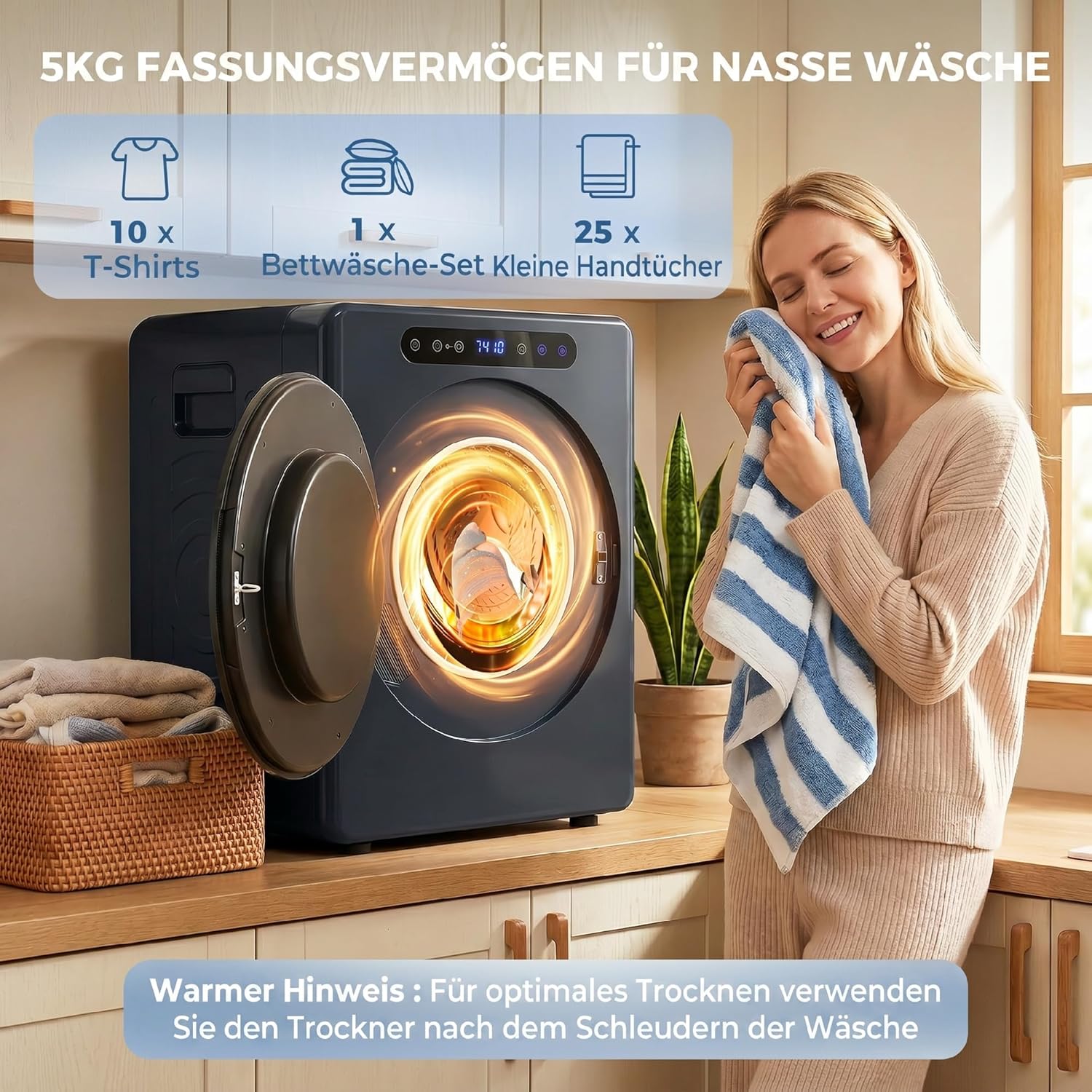 HOMCOM Mini Ablufttrockner 5kg Wäschetrockner mit Sterilisation, 6 Programmen bis zu 60°C, 1000W Trockner mit Touch-Screen, Knitterschutz, Edelstahltrommel, Extra-Trocken-Modus Blau — Ansicht 4