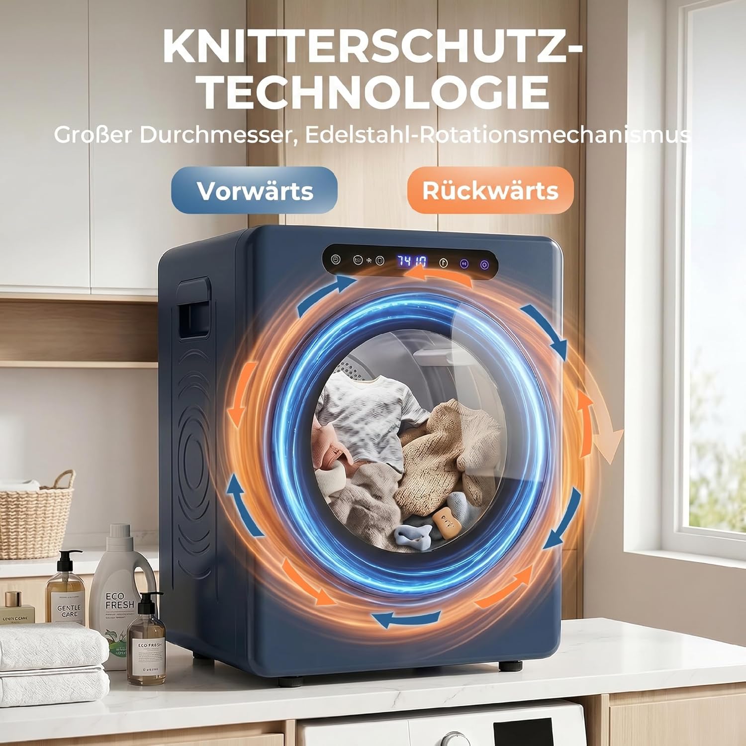 HOMCOM Mini Ablufttrockner 5kg Wäschetrockner mit Sterilisation, 6 Programmen bis zu 60°C, 1000W Trockner mit Touch-Screen, Knitterschutz, Edelstahltrommel, Extra-Trocken-Modus Blau — Ansicht 5