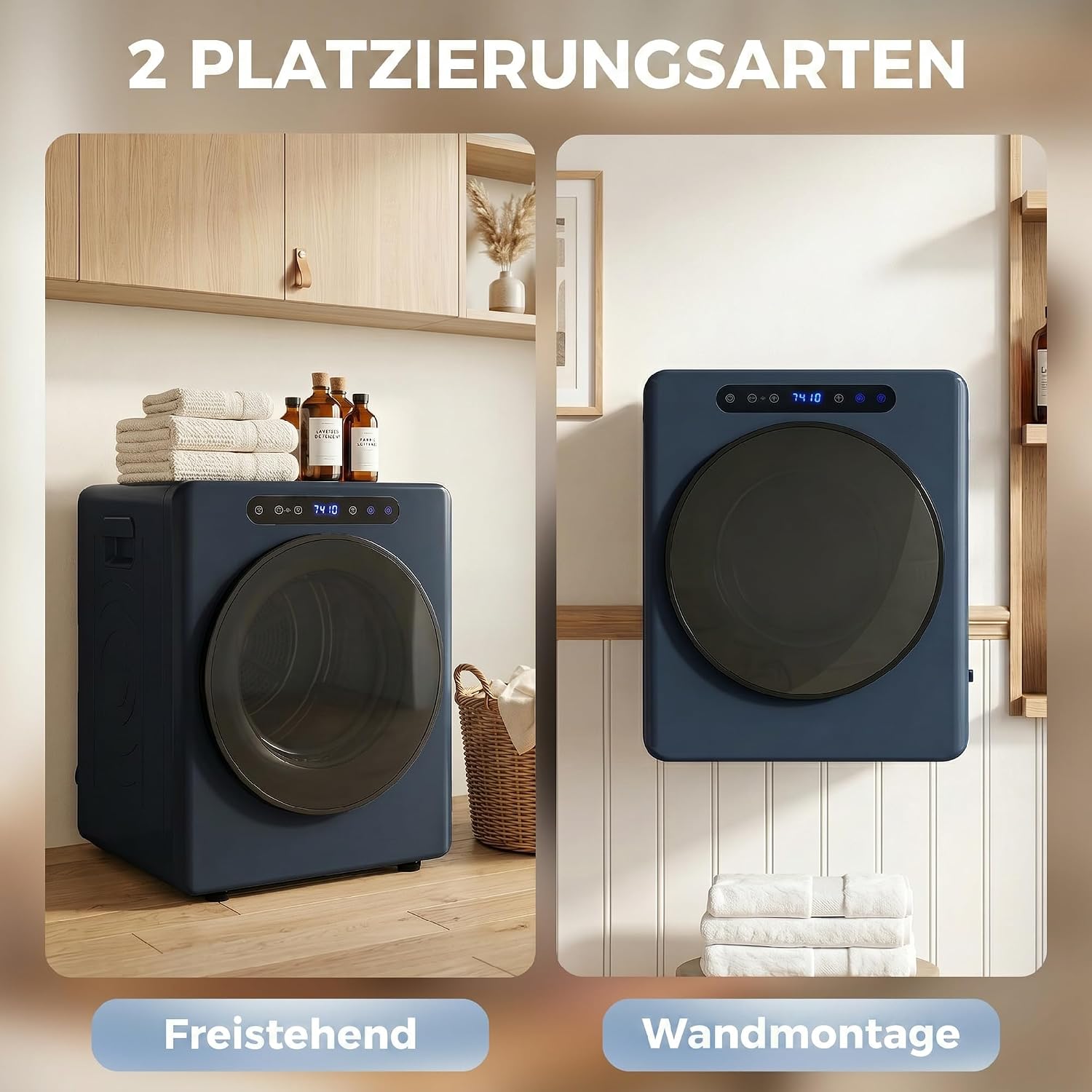 HOMCOM Mini Ablufttrockner 5kg Wäschetrockner mit Sterilisation, 6 Programmen bis zu 60°C, 1000W Trockner mit Touch-Screen, Knitterschutz, Edelstahltrommel, Extra-Trocken-Modus Blau — Ansicht 6