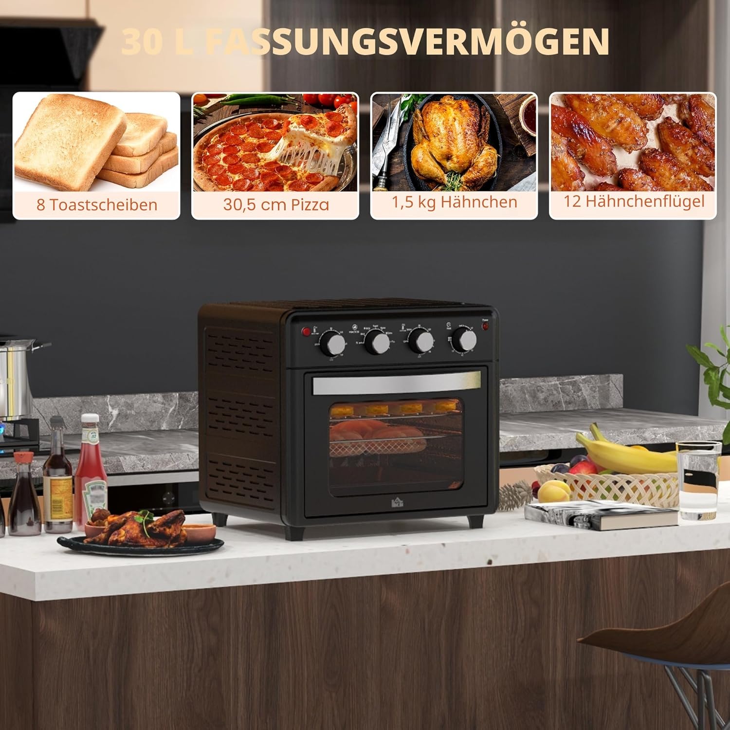 HOMCOM Mini Backofen mit Umluft 30 L 1600W 90-230°C 60 Min. Timer inkl. Innenbeleuchtung, Krümelblech, Warmhalteplatten, Backblech, Grillrost, Frittierkorb, Minibackofen Pizza-Ofen, Schwarz — Ansicht 3