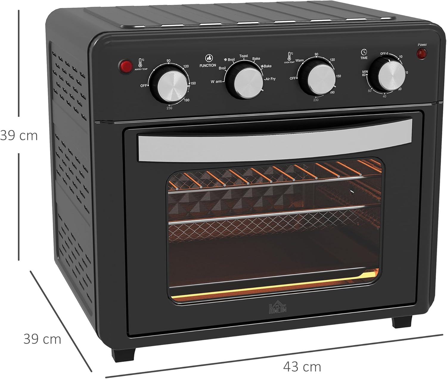 HOMCOM Mini Backofen mit Umluft 30 L 1600W 90-230°C 60 Min. Timer inkl. Innenbeleuchtung, Krümelblech, Warmhalteplatten, Backblech, Grillrost, Frittierkorb, Minibackofen Pizza-Ofen, Schwarz — Ansicht 5