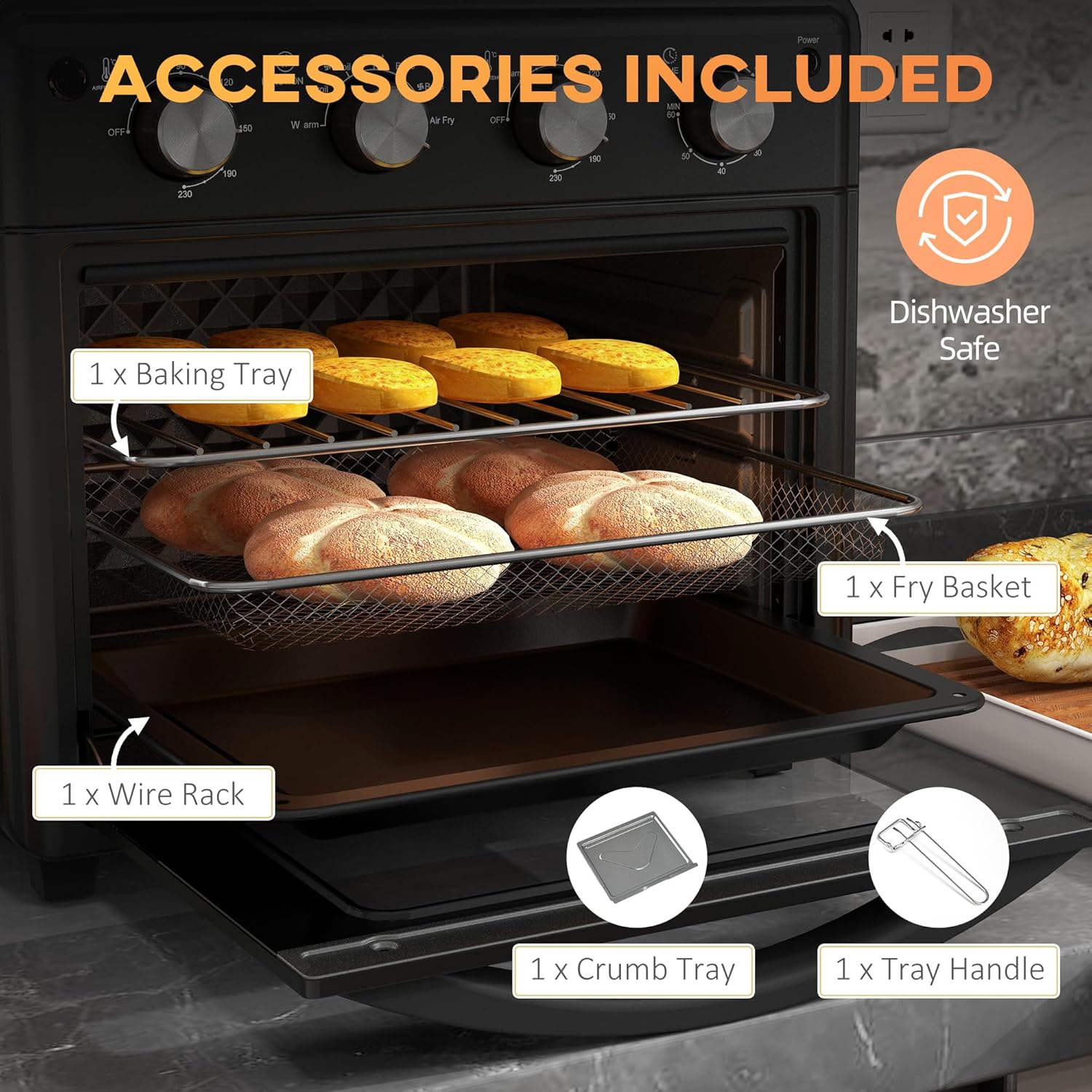 HOMCOM Mini Backofen mit Umluft 30 L 1600W 90-230°C 60 Min. Timer inkl. Innenbeleuchtung, Krümelblech, Warmhalteplatten, Backblech, Grillrost, Frittierkorb, Minibackofen Pizza-Ofen, Schwarz — Ansicht 6
