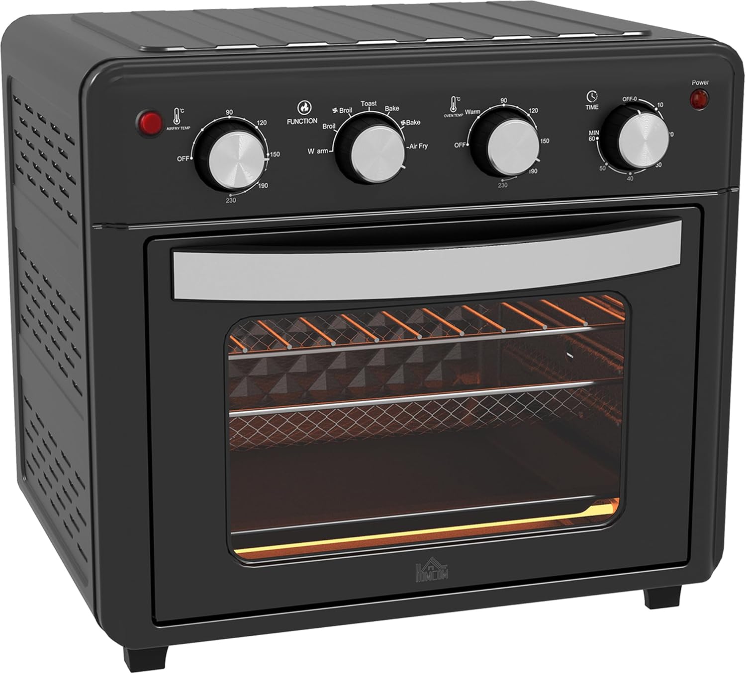 HOMCOM Mini Backofen mit Umluft 30 L 1600W 90-230°C 60 Min. Timer inkl. Innenbeleuchtung, Krümelblech, Warmhalteplatten, Backblech, Grillrost, Frittierkorb, Minibackofen Pizza-Ofen, Schwarz