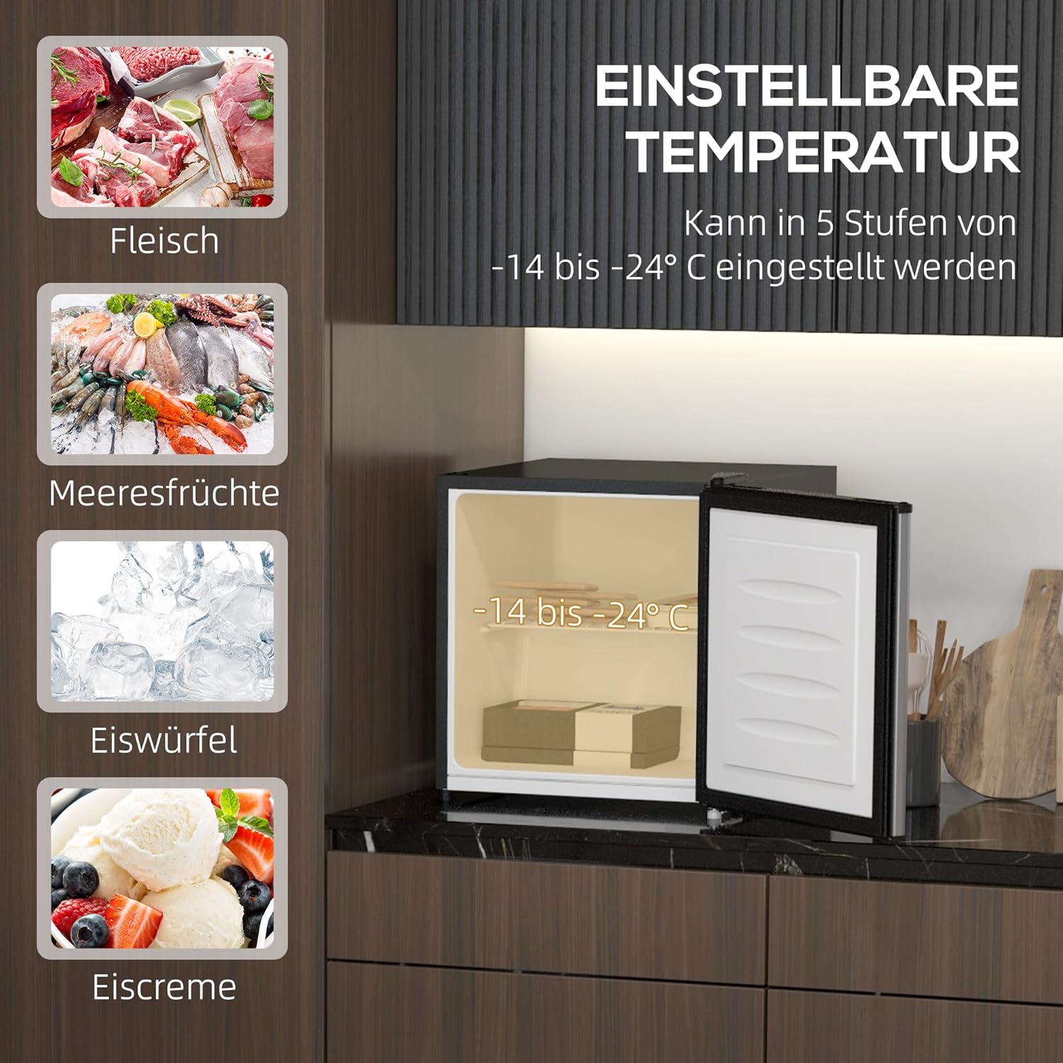 HOMCOM Mini-Gefrierschrank 35 L Gefrierbox elektrisch freistehend 45 W Mini Gefriertruhe Minikühlschrank 41dB -14 bis -24°C 5-stufige Temperaturregelung 47 x 44,2 x 48,8 cm Silber — Ansicht 3