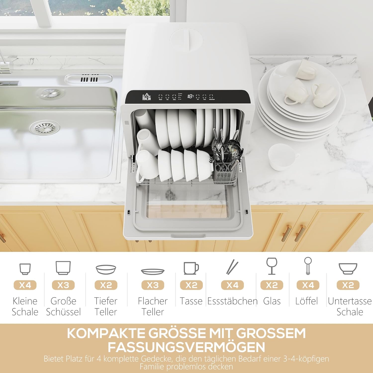 HOMCOM Mini Geschirrspüler Freistehend Tischgeschirrspüler mit 4 Maßgedecke 5 Programmen Trocken Funktion 6L Wassertank Touch Control LED Anzeige Spülmaschine mit/ohne Wasseranschluss für Camping Weiß — Ansicht 3