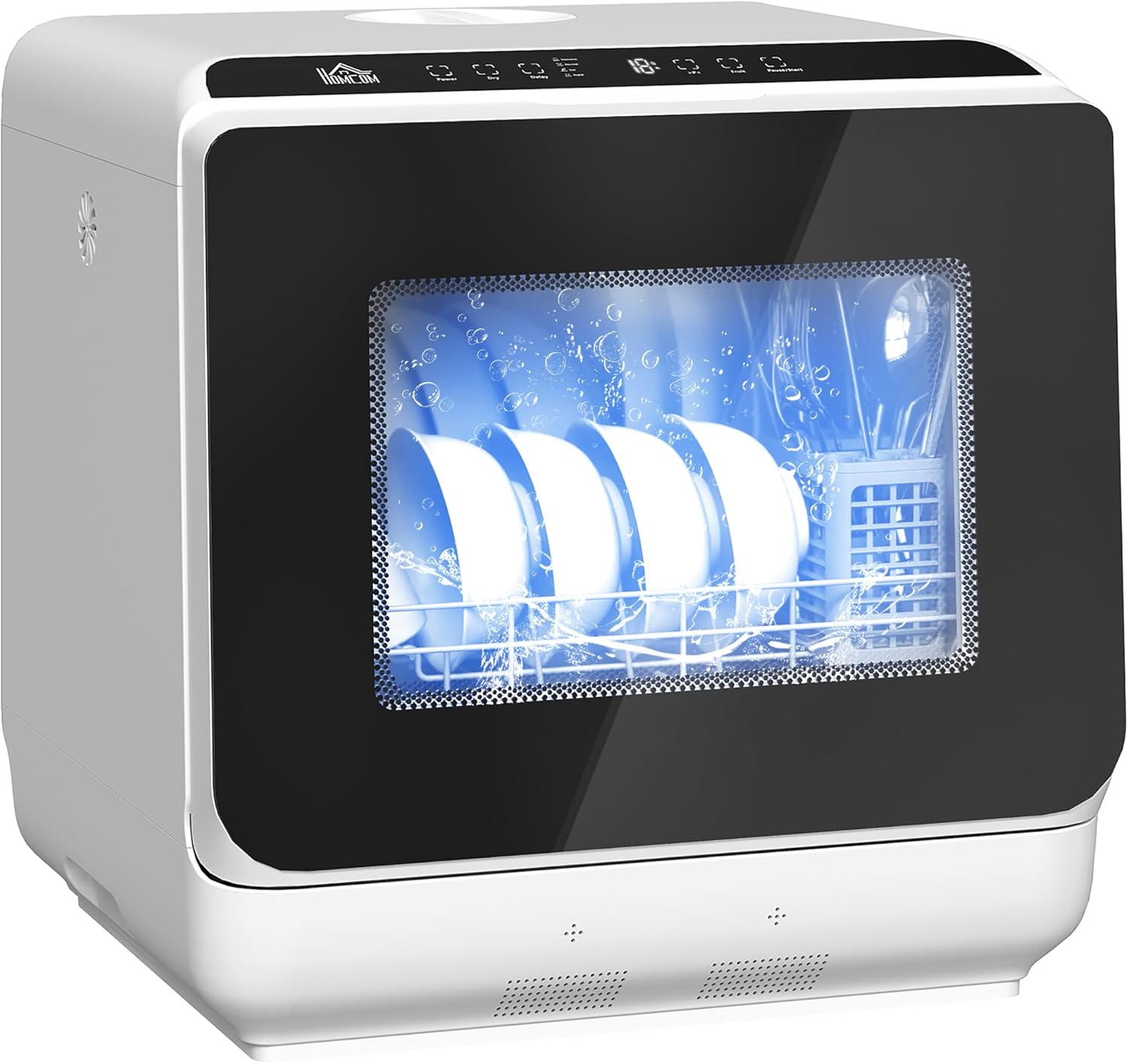 HOMCOM Mini Geschirrspüler Freistehend Tischgeschirrspüler mit 4 Maßgedecke 5 Programmen Trocken Funktion 6L Wassertank Touch Control LED Anzeige Spülmaschine mit/ohne Wasseranschluss für Camping Weiß
