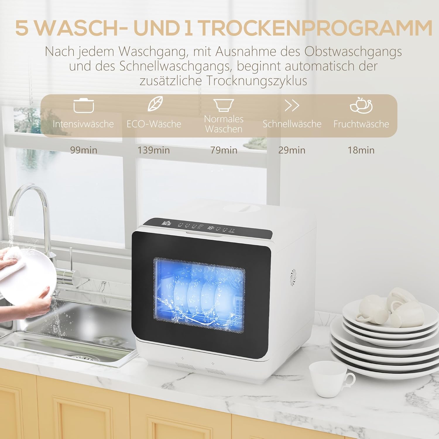 HOMCOM Mini Geschirrspüler Freistehend Tischgeschirrspüler mit 4 Maßgedecke 5 Programmen Trocken Funktion 6L Wassertank Touch Control LED Anzeige Spülmaschine mit/ohne Wasseranschluss für Camping Weiß — Ansicht 4