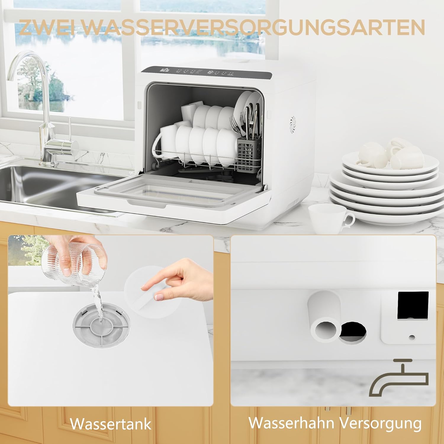 HOMCOM Mini Geschirrspüler Freistehend Tischgeschirrspüler mit 4 Maßgedecke 5 Programmen Trocken Funktion 6L Wassertank Touch Control LED Anzeige Spülmaschine mit/ohne Wasseranschluss für Camping Weiß — Ansicht 5