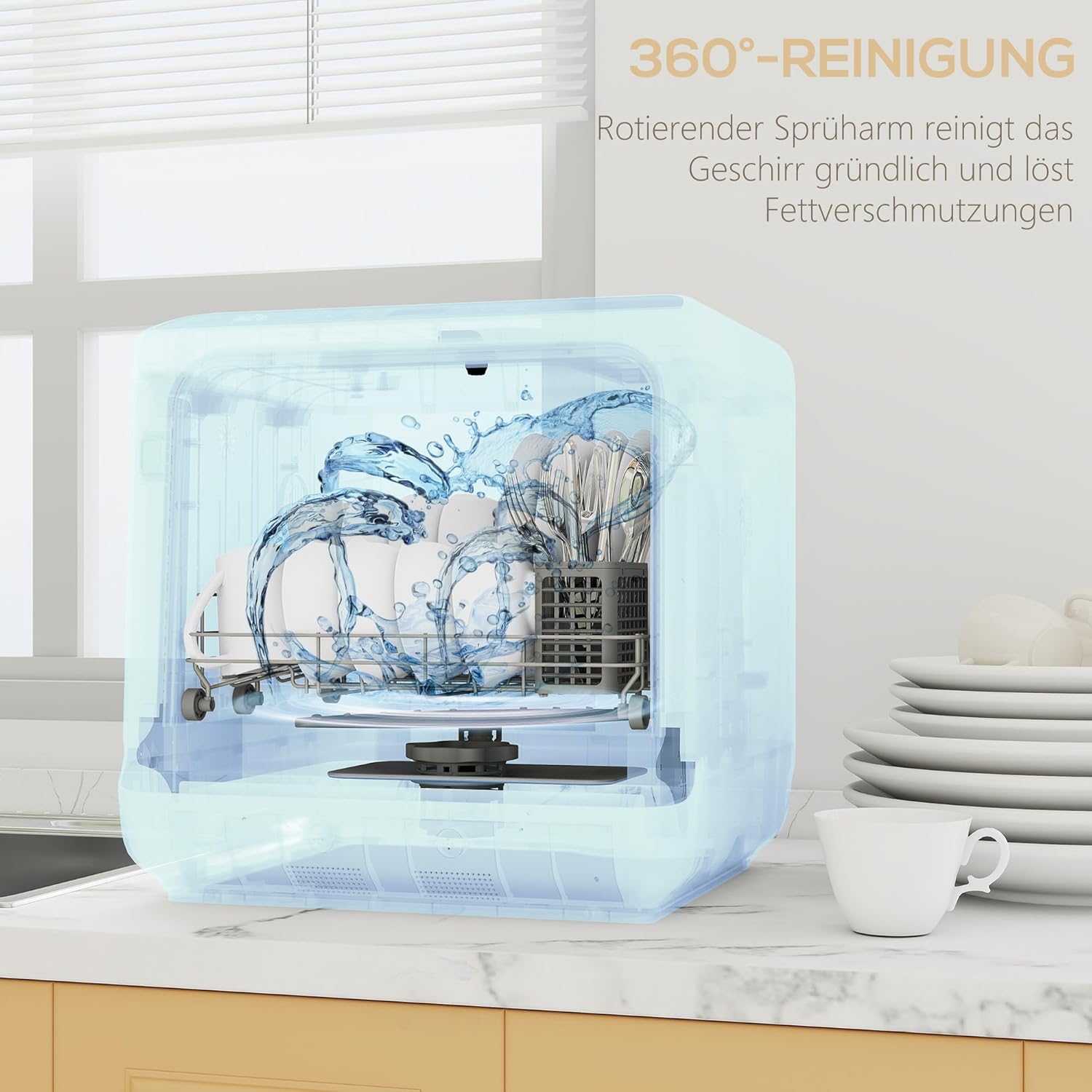HOMCOM Mini Geschirrspüler Freistehend Tischgeschirrspüler mit 4 Maßgedecke 5 Programmen Trocken Funktion 6L Wassertank Touch Control LED Anzeige Spülmaschine mit/ohne Wasseranschluss für Camping Weiß — Ansicht 6