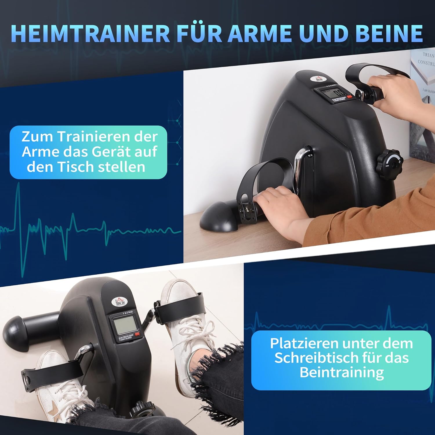 HOMCOM Mini Heimtrainer Arm-und Beintrainer Pedaltrainer für Senioren mit LCD-Display verstellbarer Widerstand Fitnessbike Hometrainer für Zuhause Heim Büro 35 x 40 x 31 cm — Ansicht 3