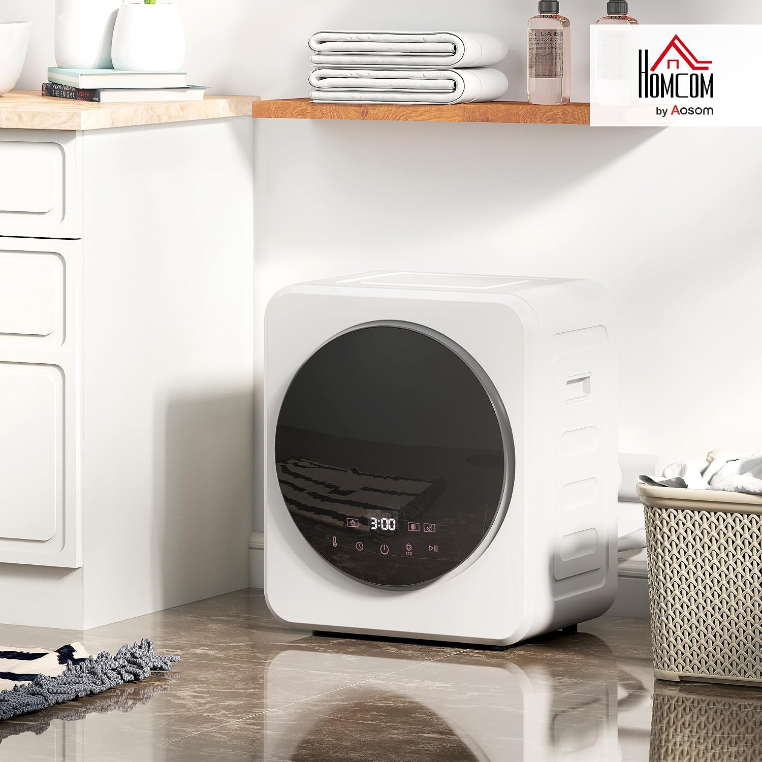 HOMCOM Mini Wäschetrockner 4 kg Kapazität, mit 800 W, einstellbarem Timer, bis zu 60°C, Freistehend, Stapelbar, Wandmontierbar Ablufttrockner mit Edelstahltrommel und Touch-Display für Kleidung Weiß — Ansicht 2