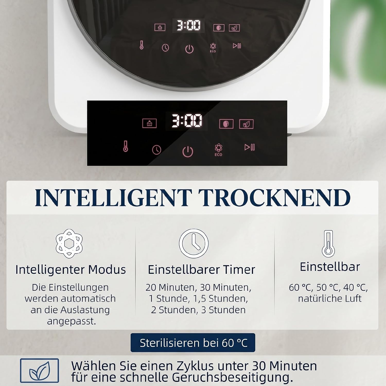 HOMCOM Mini Wäschetrockner 4 kg Kapazität, mit 800 W, einstellbarem Timer, bis zu 60°C, Freistehend, Stapelbar, Wandmontierbar Ablufttrockner mit Edelstahltrommel und Touch-Display für Kleidung Weiß — Ansicht 3