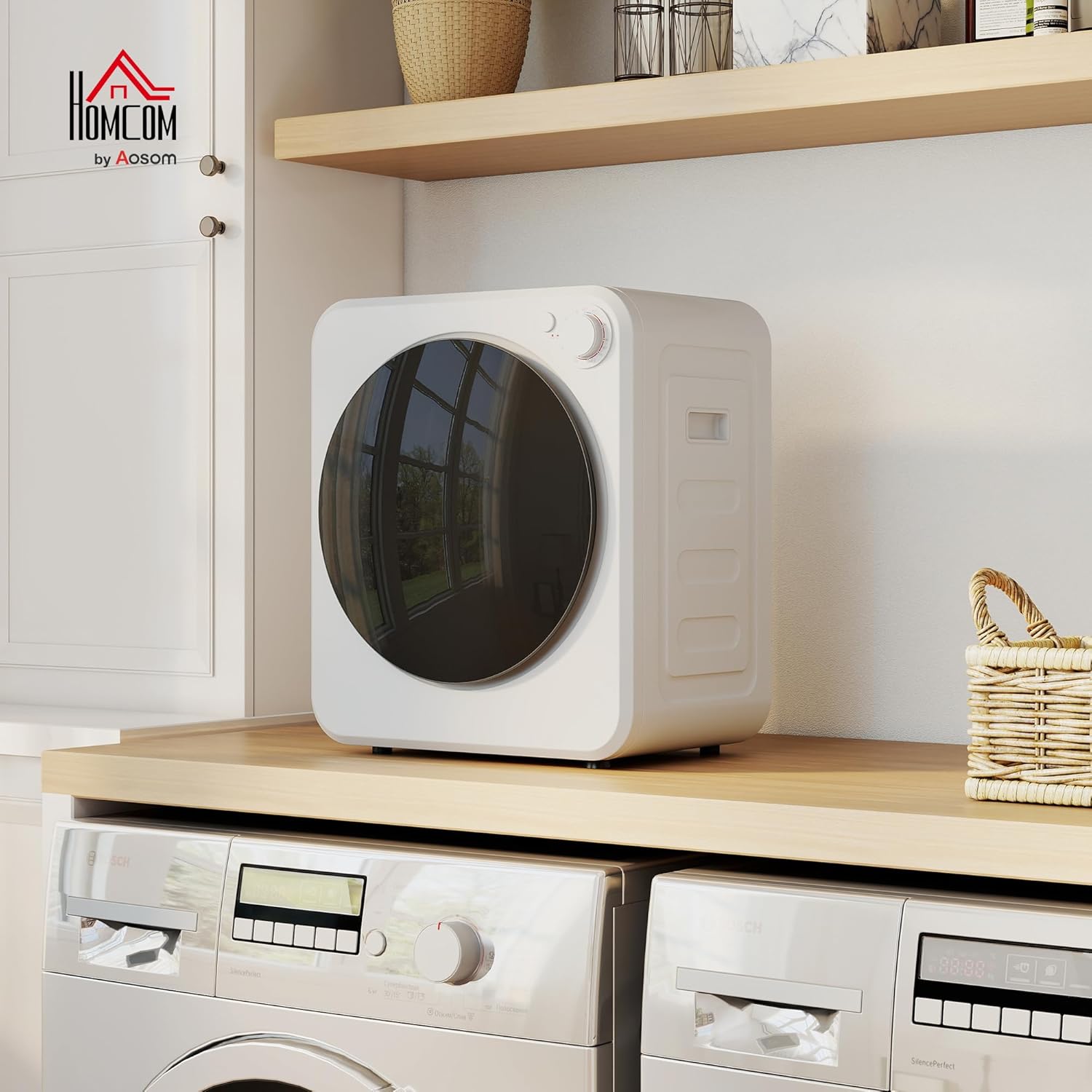HOMCOM Mini Wäschetrockner 4 kg mit 5 Programme bis zu 60°C 800W/400W Freistehend Wandmontierbar Ablufttrockner mit reversibel Edelstahltrommel Trockner für Kleidung Wohnmobile Wohnheime Zuhause Weiß — Ansicht 2