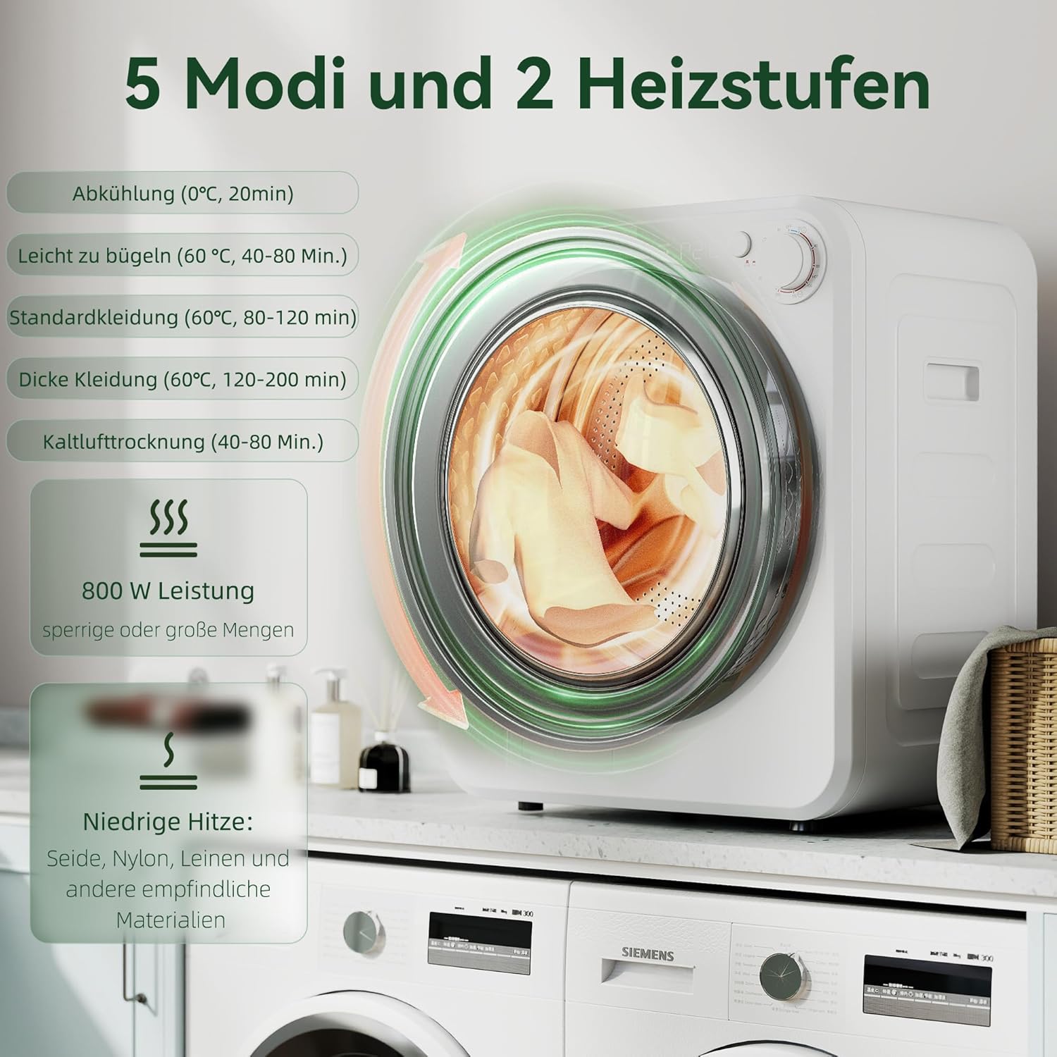 HOMCOM Mini Wäschetrockner 4 kg mit 5 Programme bis zu 60°C 800W/400W Freistehend Wandmontierbar Ablufttrockner mit reversibel Edelstahltrommel Trockner für Kleidung Wohnmobile Wohnheime Zuhause Weiß — Ansicht 3
