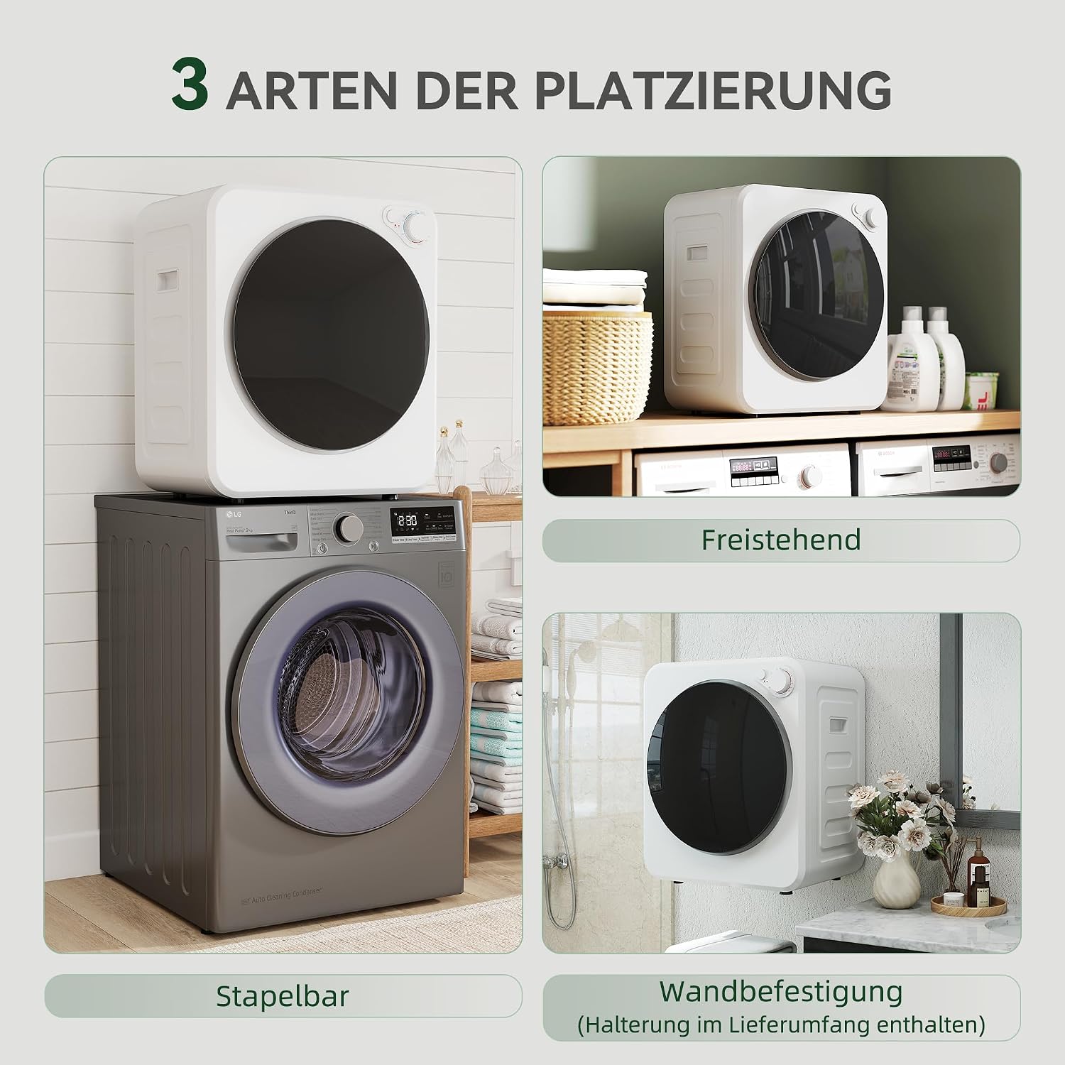 HOMCOM Mini Wäschetrockner 4 kg mit 5 Programme bis zu 60°C 800W/400W Freistehend Wandmontierbar Ablufttrockner mit reversibel Edelstahltrommel Trockner für Kleidung Wohnmobile Wohnheime Zuhause Weiß — Ansicht 4