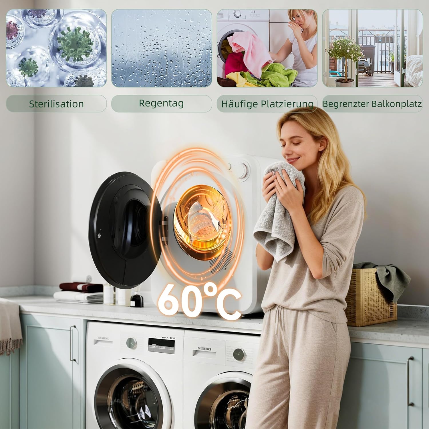 HOMCOM Mini Wäschetrockner 4 kg mit 5 Programme bis zu 60°C 800W/400W Freistehend Wandmontierbar Ablufttrockner mit reversibel Edelstahltrommel Trockner für Kleidung Wohnmobile Wohnheime Zuhause Weiß — Ansicht 5