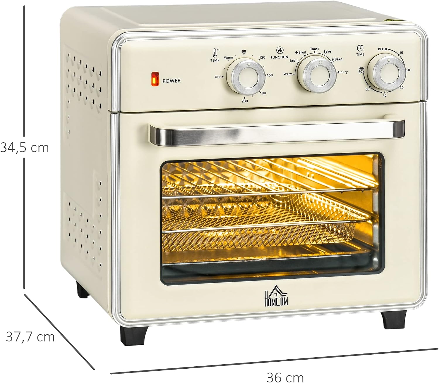 HOMCOM Minibackofen mit Umluft 20L Mini Ofen mit Backblech, Grillrost und Krümelblech, 90 °C-230 °C Heißluftfritteuse mit 5 Modi, Frittierkorb, 60 Min. Timer, 1400W, Metall — Ansicht 3