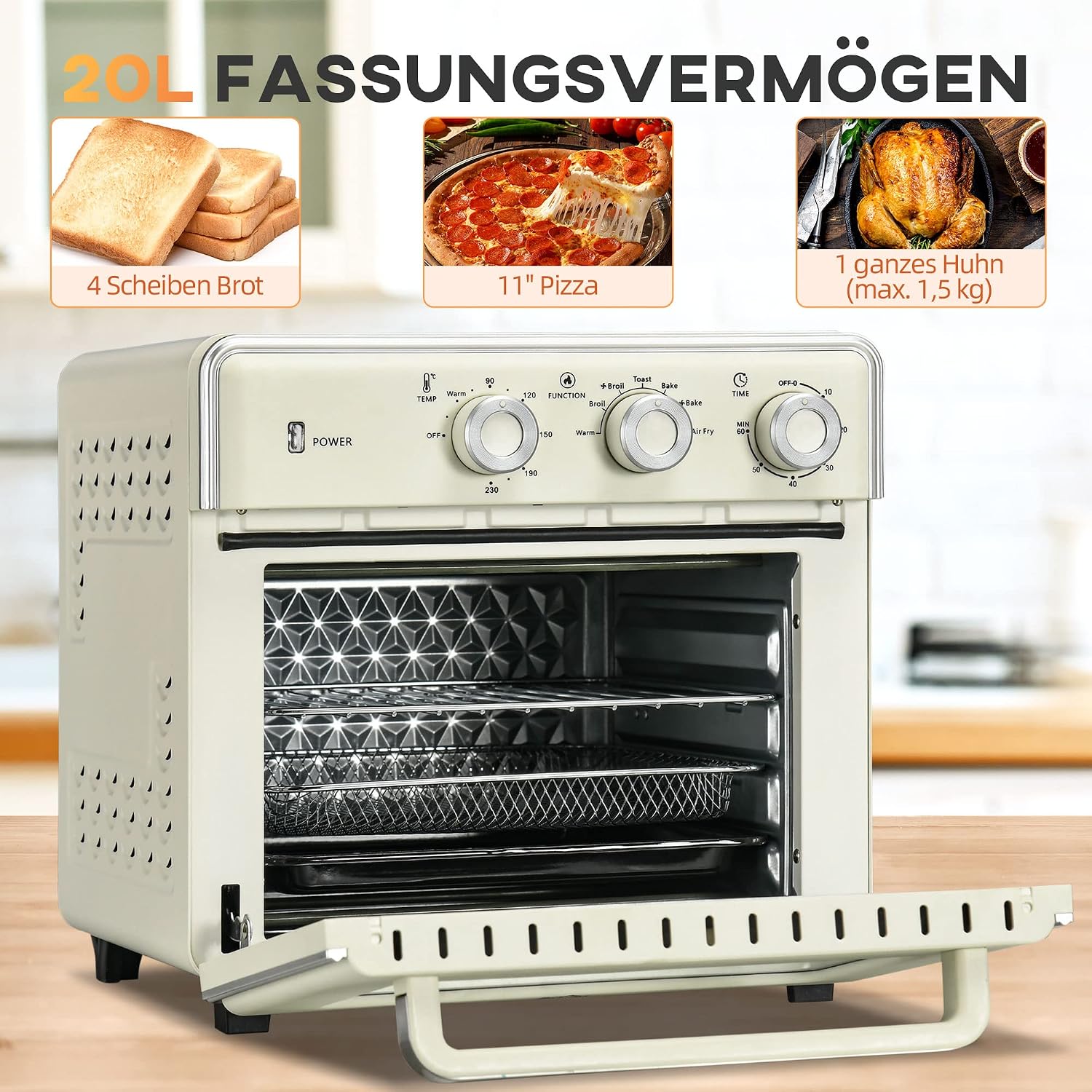 HOMCOM Minibackofen mit Umluft 20L Mini Ofen mit Backblech, Grillrost und Krümelblech, 90 °C-230 °C Heißluftfritteuse mit 5 Modi, Frittierkorb, 60 Min. Timer, 1400W, Metall — Ansicht 4
