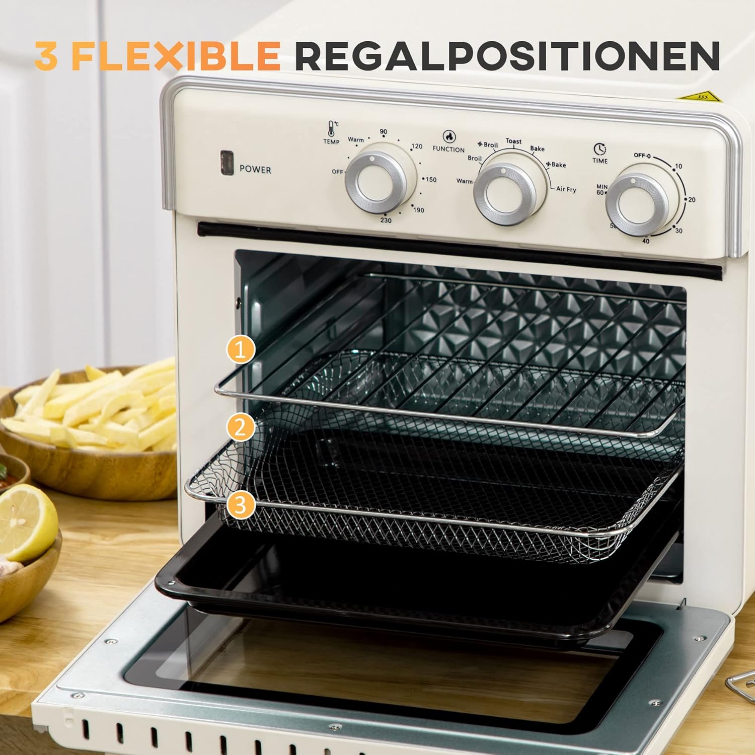 HOMCOM Minibackofen mit Umluft 20L Mini Ofen mit Backblech, Grillrost und Krümelblech, 90 °C-230 °C Heißluftfritteuse mit 5 Modi, Frittierkorb, 60 Min. Timer, 1400W, Metall — Ansicht 5
