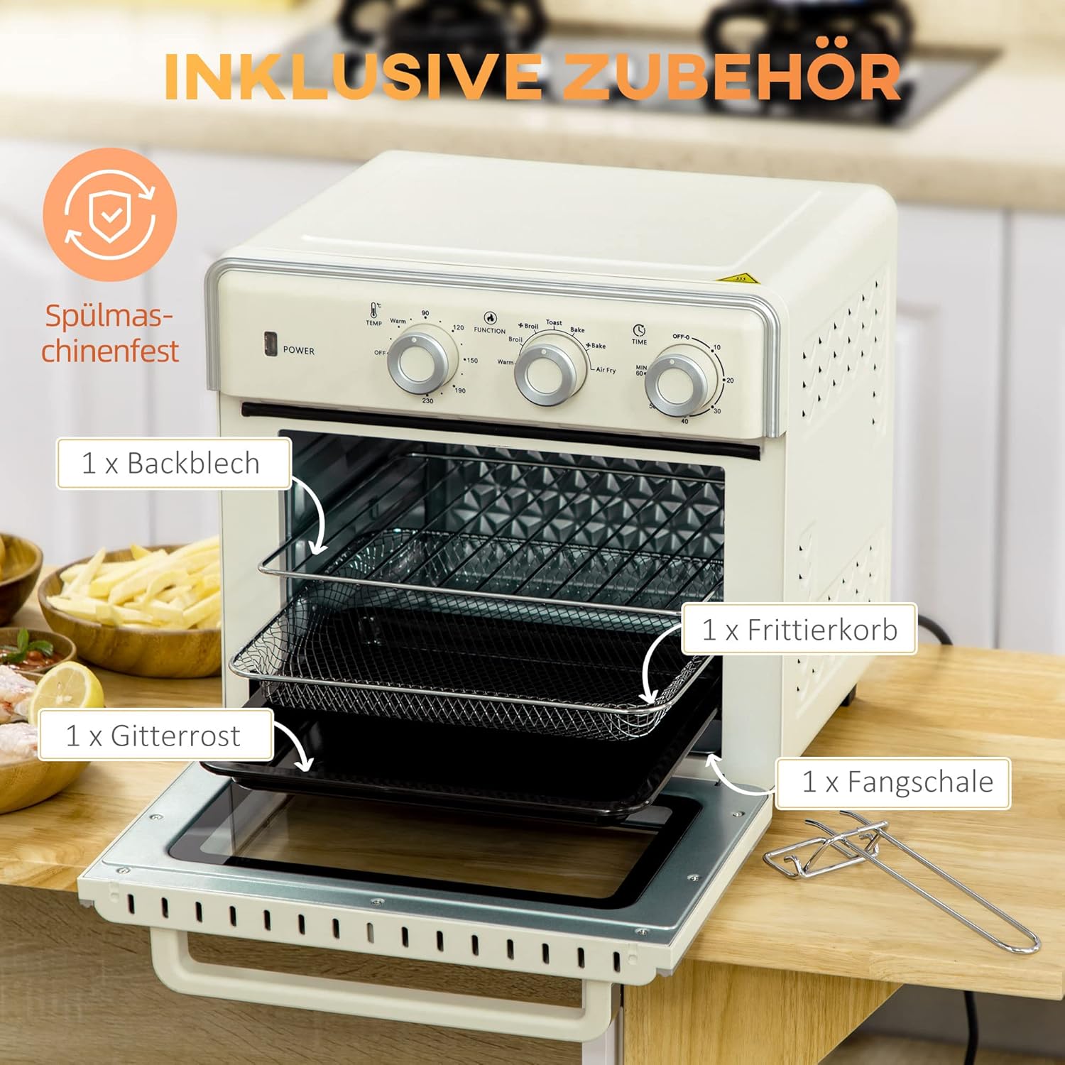 HOMCOM Minibackofen mit Umluft 20L Mini Ofen mit Backblech, Grillrost und Krümelblech, 90 °C-230 °C Heißluftfritteuse mit 5 Modi, Frittierkorb, 60 Min. Timer, 1400W, Metall — Ansicht 6