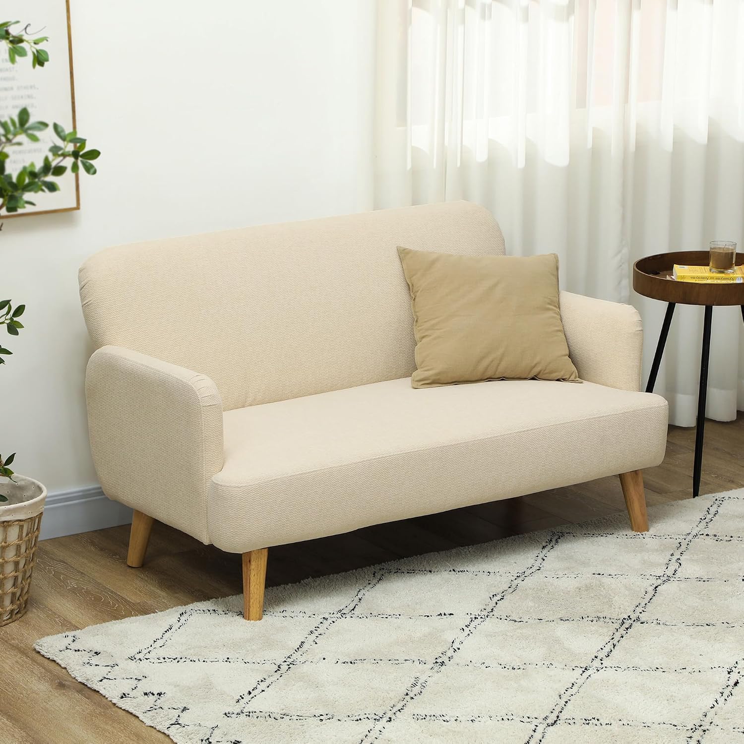 HOMCOM Modernes skandinavisches 2-Sitzer-Sofa aus Stoff mit Armlehnen, 2-Sitzer-Sofa mit 21 cm Polsterung Holzbeine für Wohnzimmer, Wohnbereich, Haus und Büro, 140x74x79 cm, Weiß-Creme — Ansicht 2