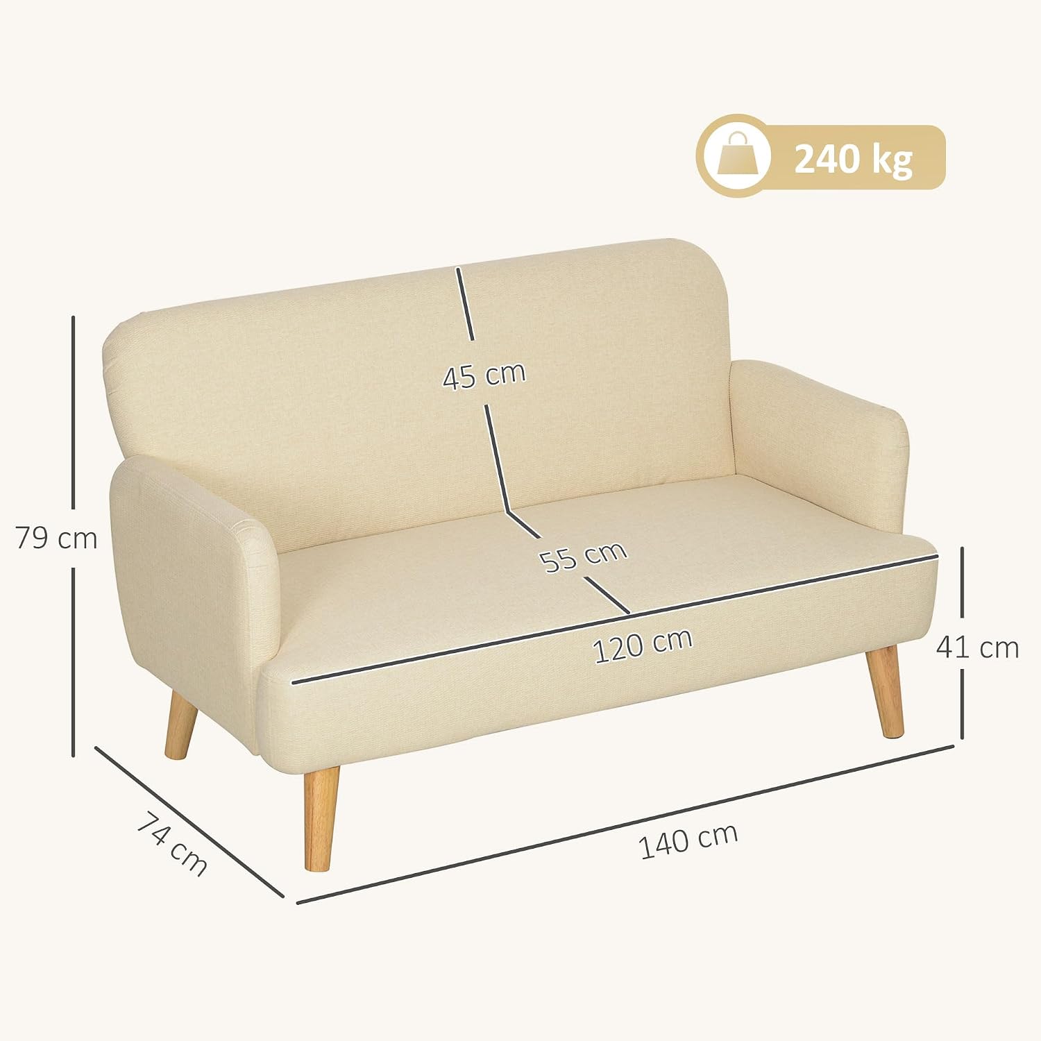 HOMCOM Modernes skandinavisches 2-Sitzer-Sofa aus Stoff mit Armlehnen, 2-Sitzer-Sofa mit 21 cm Polsterung Holzbeine für Wohnzimmer, Wohnbereich, Haus und Büro, 140x74x79 cm, Weiß-Creme — Ansicht 3