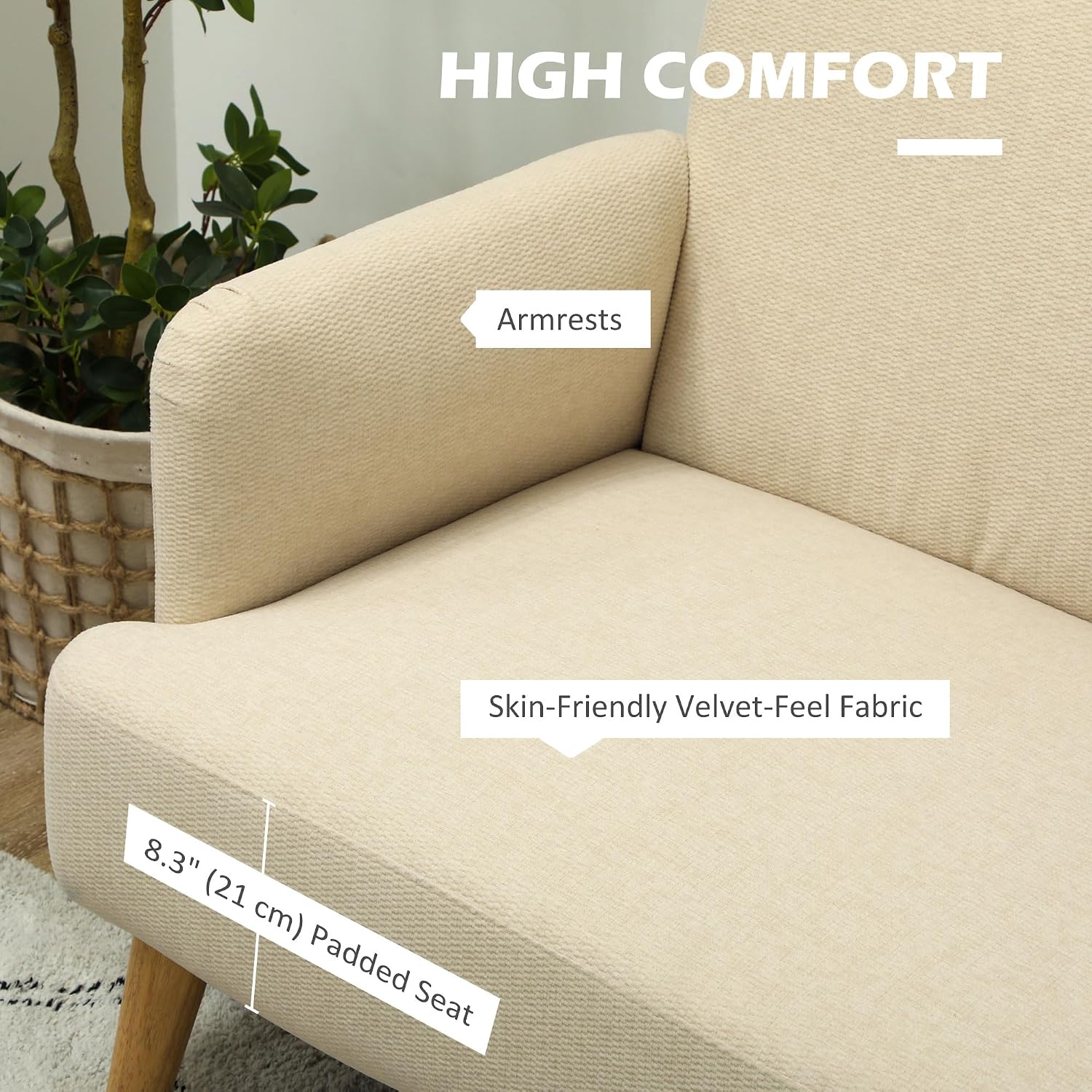 HOMCOM Modernes skandinavisches 2-Sitzer-Sofa aus Stoff mit Armlehnen, 2-Sitzer-Sofa mit 21 cm Polsterung Holzbeine für Wohnzimmer, Wohnbereich, Haus und Büro, 140x74x79 cm, Weiß-Creme — Ansicht 4