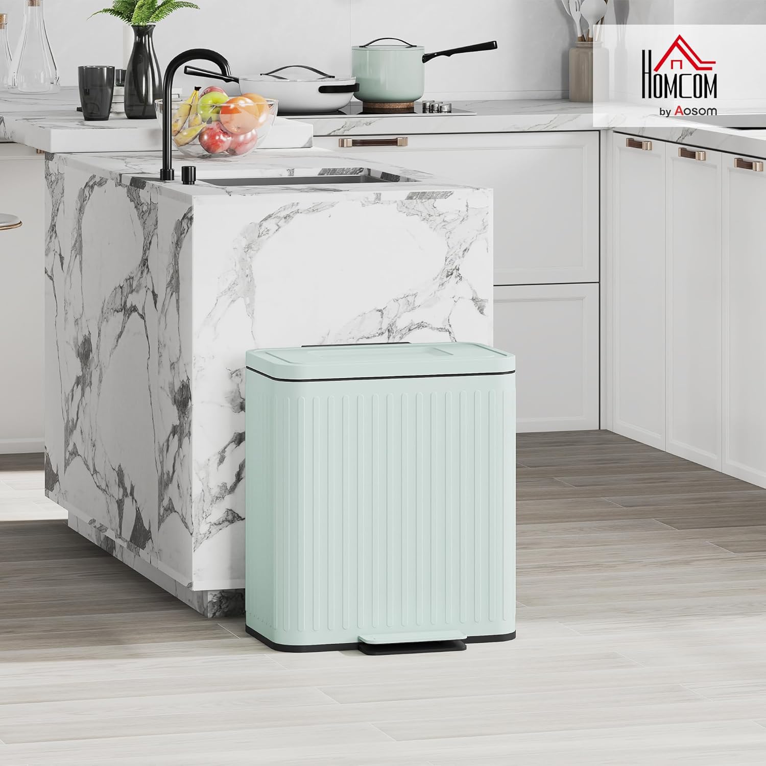 HOMCOM Mülleimer Küche 2 x 20 Liter Treteimer mit Abfallsortiersystem, Soft-Close-Deckel, Offenhaltefunktion, Pedal, Abfalleimer mit herausnehmbar Inneneimer, Grün, 45,5 x 36,5 x 51 cm — Ansicht 2