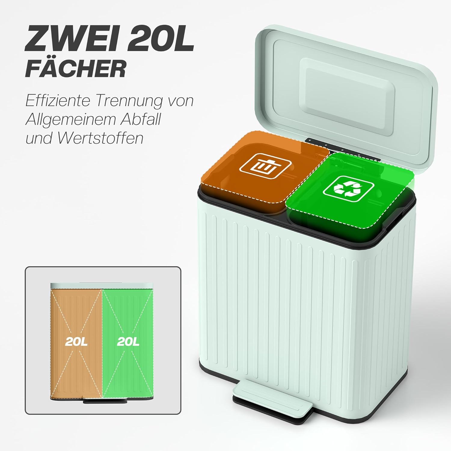 HOMCOM Mülleimer Küche 2 x 20 Liter Treteimer mit Abfallsortiersystem, Soft-Close-Deckel, Offenhaltefunktion, Pedal, Abfalleimer mit herausnehmbar Inneneimer, Grün, 45,5 x 36,5 x 51 cm — Ansicht 3