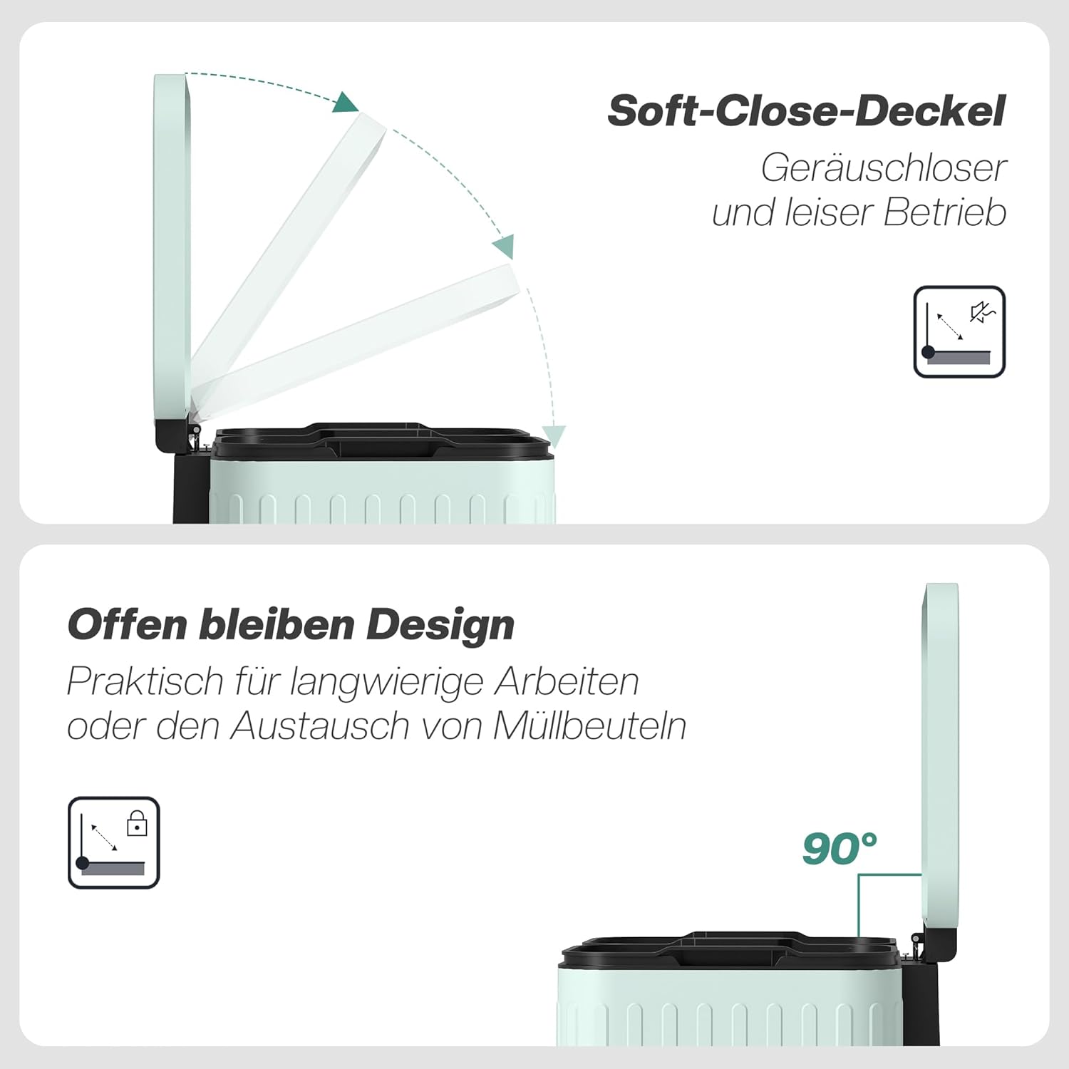 HOMCOM Mülleimer Küche 2 x 20 Liter Treteimer mit Abfallsortiersystem, Soft-Close-Deckel, Offenhaltefunktion, Pedal, Abfalleimer mit herausnehmbar Inneneimer, Grün, 45,5 x 36,5 x 51 cm — Ansicht 4