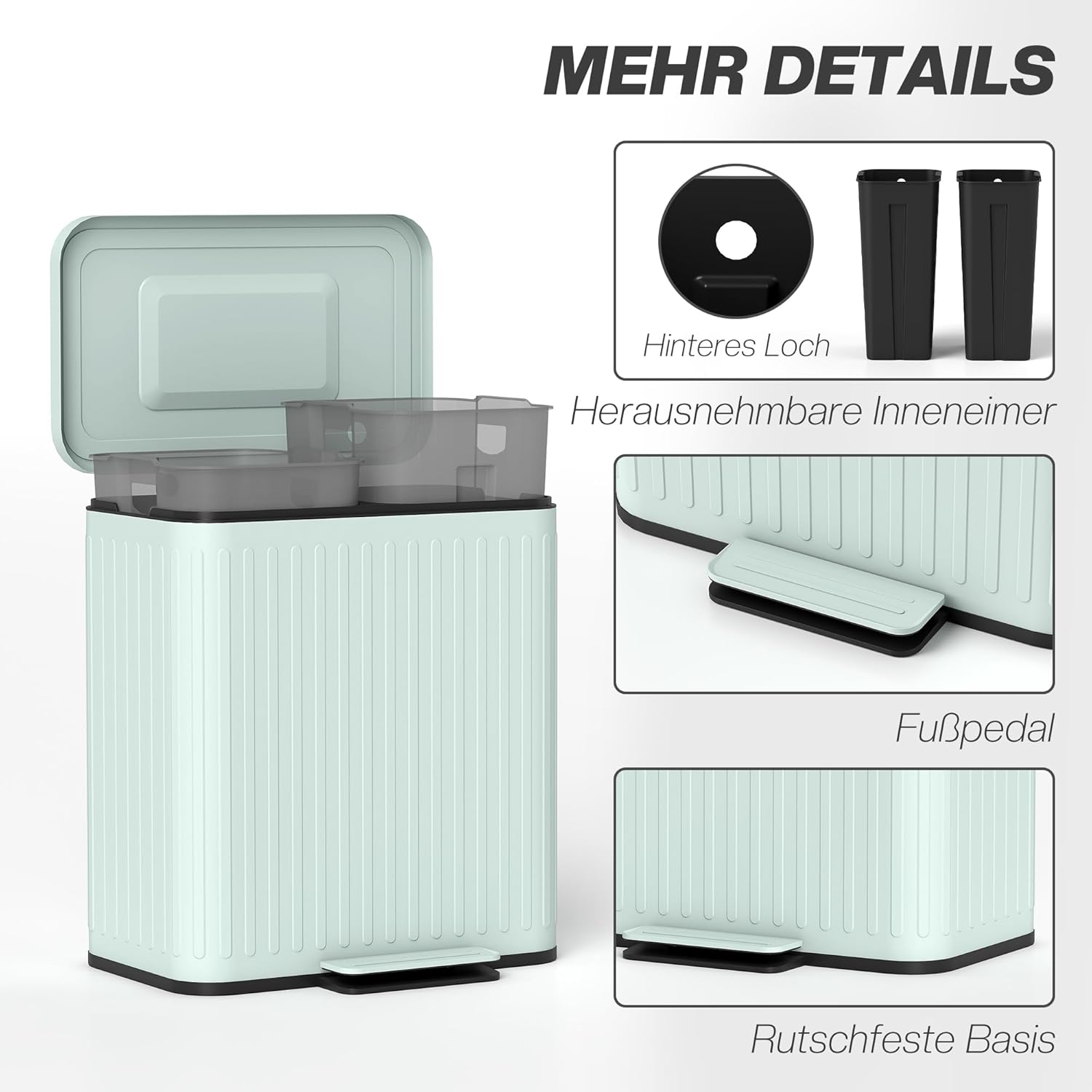 HOMCOM Mülleimer Küche 2 x 20 Liter Treteimer mit Abfallsortiersystem, Soft-Close-Deckel, Offenhaltefunktion, Pedal, Abfalleimer mit herausnehmbar Inneneimer, Grün, 45,5 x 36,5 x 51 cm — Ansicht 6