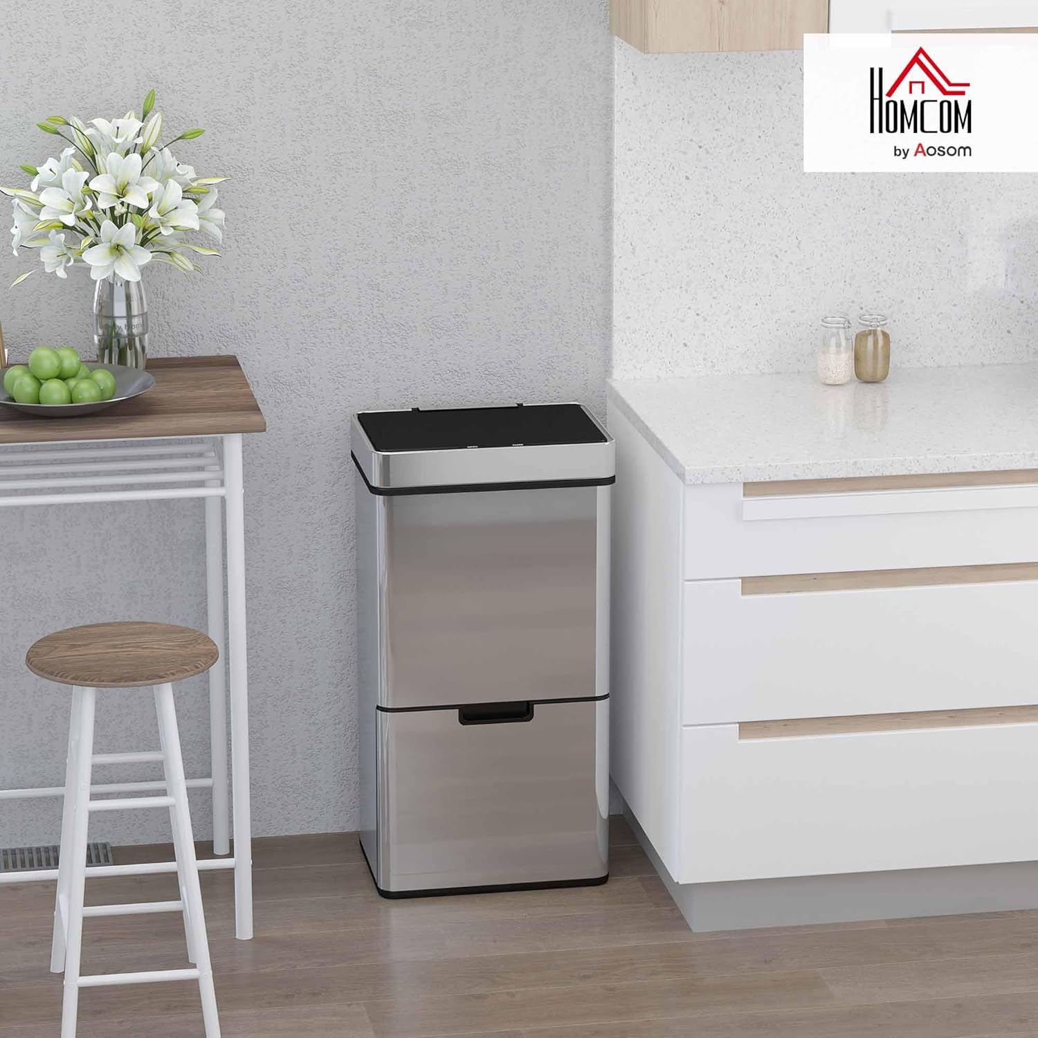 HOMCOM Mülleimer mit Sensor 47L + 2 x 12,5L Automatischer Abfalleimer mit Bewegungssensor, Wasserdichtes Mülltrennsystem aus Edelstahl für Küche Silber — Ansicht 2