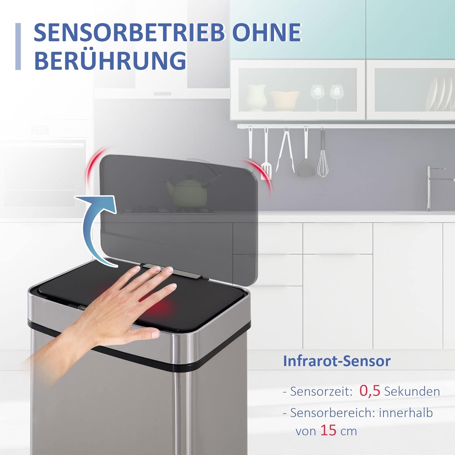 HOMCOM Mülleimer mit Sensor 47L + 2 x 12,5L Automatischer Abfalleimer mit Bewegungssensor, Wasserdichtes Mülltrennsystem aus Edelstahl für Küche Silber — Ansicht 3