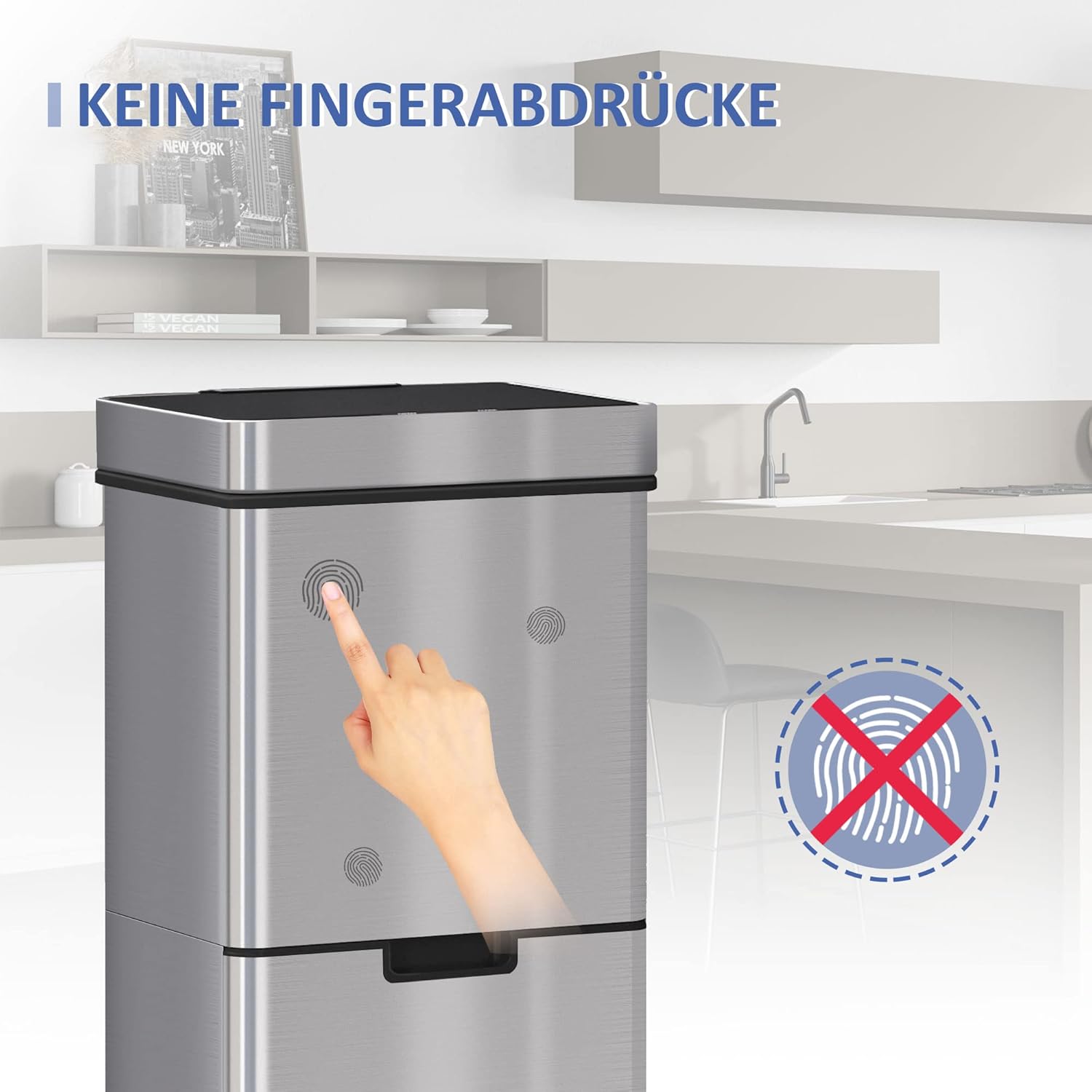 HOMCOM Mülleimer mit Sensor 47L + 2 x 12,5L Automatischer Abfalleimer mit Bewegungssensor, Wasserdichtes Mülltrennsystem aus Edelstahl für Küche Silber — Ansicht 4