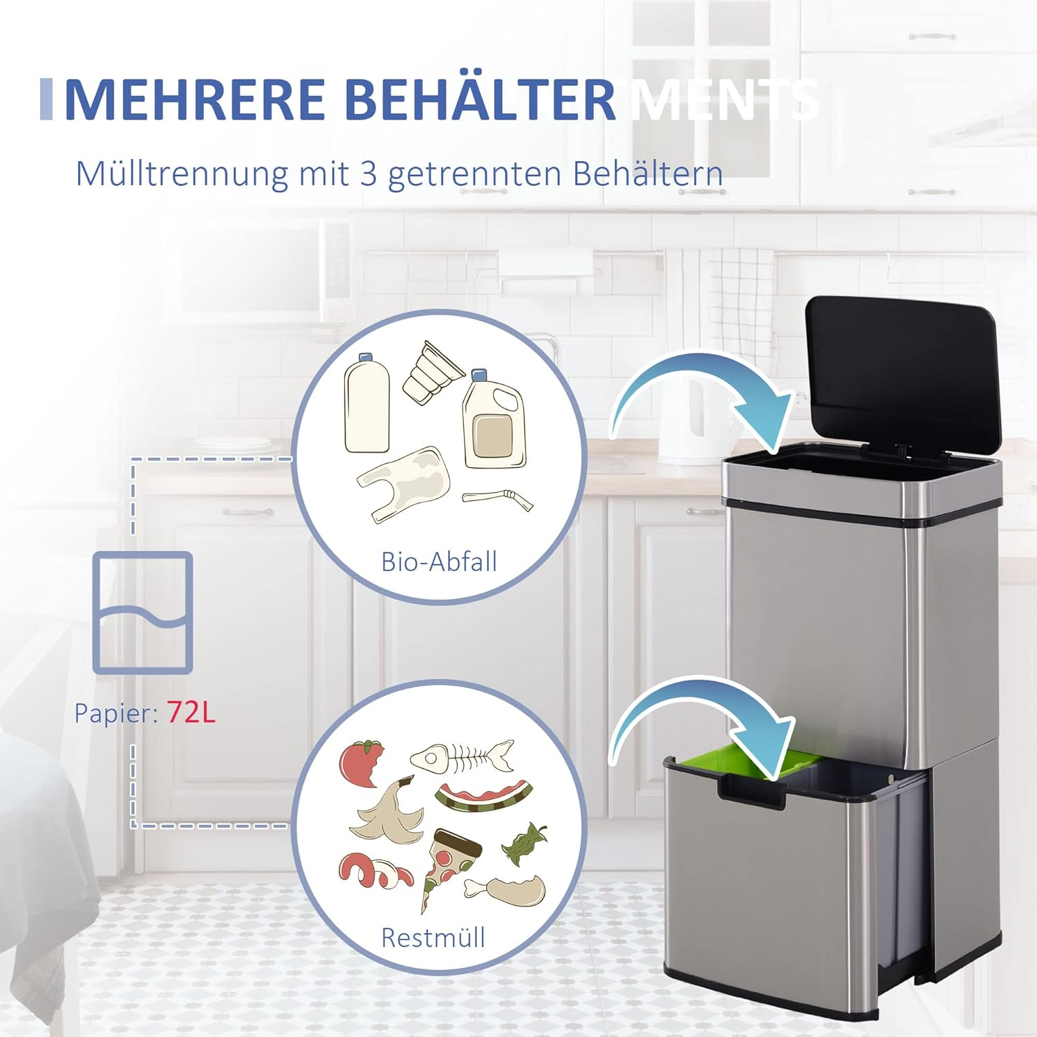 HOMCOM Mülleimer mit Sensor 47L + 2 x 12,5L Automatischer Abfalleimer mit Bewegungssensor, Wasserdichtes Mülltrennsystem aus Edelstahl für Küche Silber — Ansicht 5