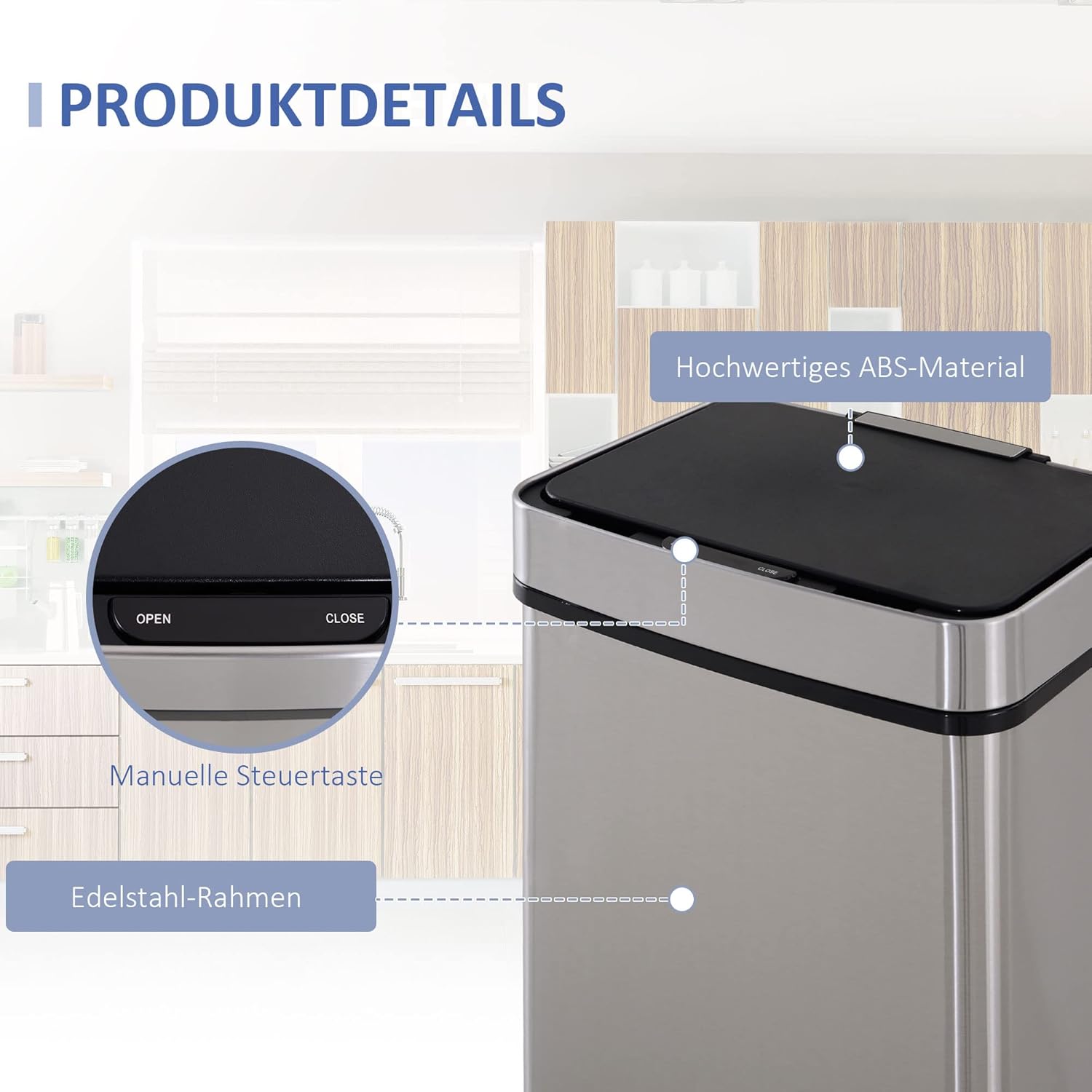 HOMCOM Mülleimer mit Sensor 47L + 2 x 12,5L Automatischer Abfalleimer mit Bewegungssensor, Wasserdichtes Mülltrennsystem aus Edelstahl für Küche Silber — Ansicht 6