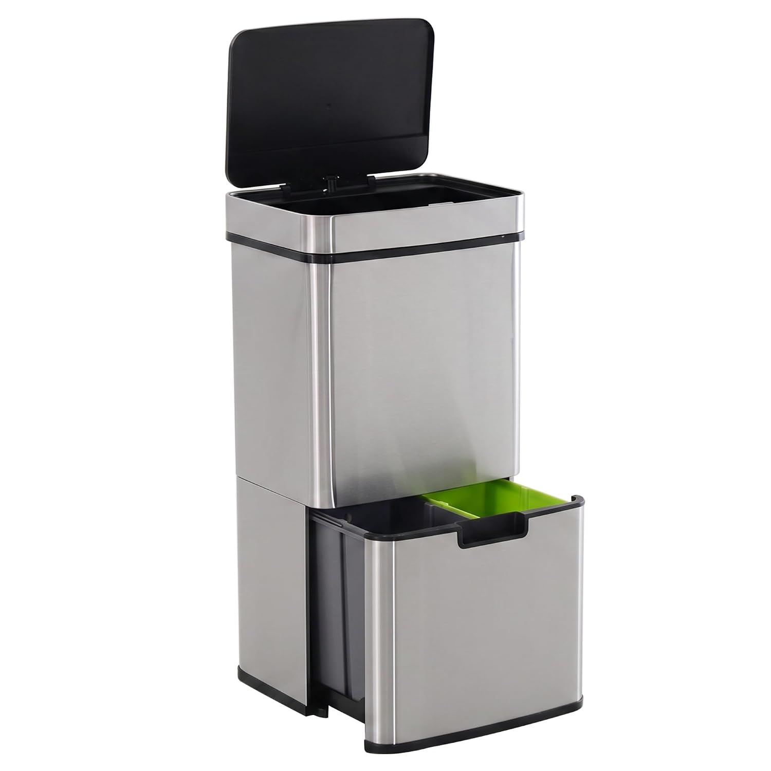HOMCOM Mülleimer mit Sensor 47L + 2 x 12,5L Automatischer Abfalleimer mit Bewegungssensor, Wasserdichtes Mülltrennsystem aus Edelstahl für Küche Silber